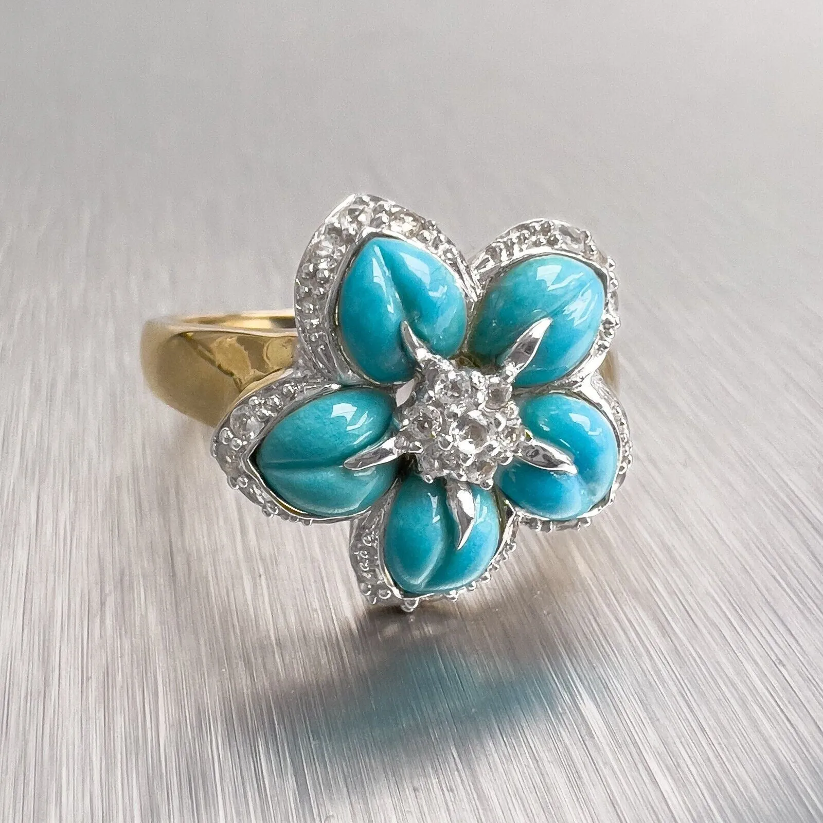 14k Yellow & White Gold Flower Turquoise Cubic Zirconia Cocktail Ring Size 9