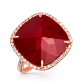 14KT Rose Gold Diamond Ruby Triplet Cushion Cut Cocktail Ring