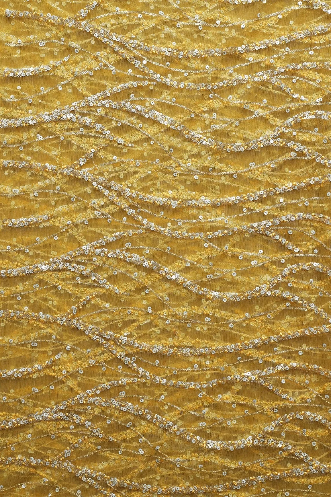 1.50 Meter Cut Piece Of Gold And Silver Sequins With yellow Thread Wavy Embroidery Work On yellow Soft Net Fabric