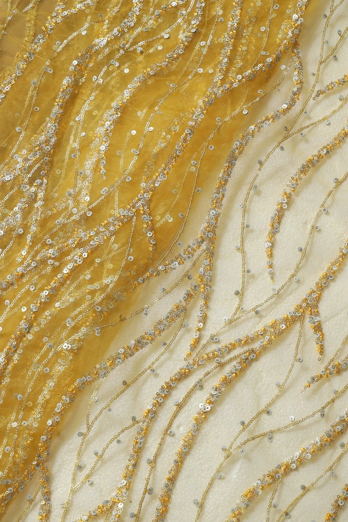 1.50 Meter Cut Piece Of Gold And Silver Sequins With yellow Thread Wavy Embroidery Work On yellow Soft Net Fabric