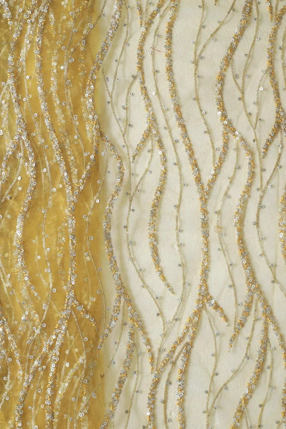 1.50 Meter Cut Piece Of Gold And Silver Sequins With yellow Thread Wavy Embroidery Work On yellow Soft Net Fabric