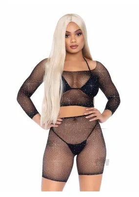 2 Pc Rhinestone Fishnet Crop Top and Biker  Shorts - Black - One Size