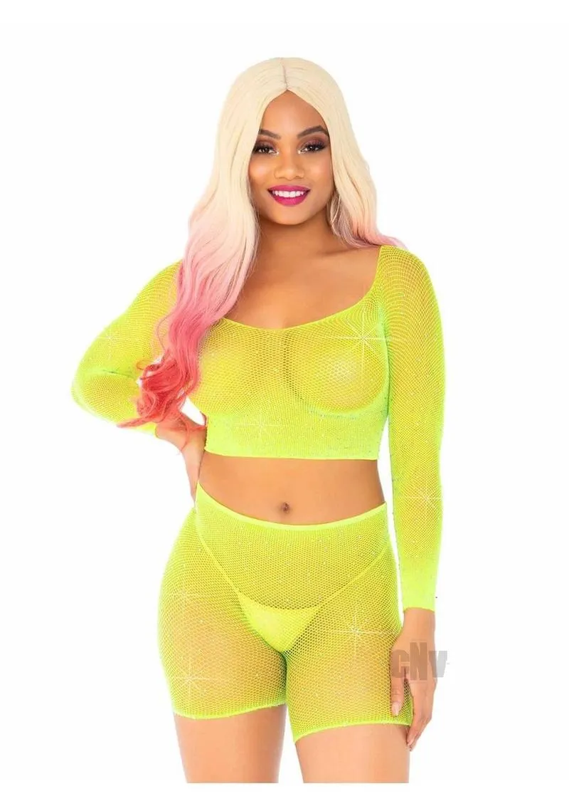 2 Pc Rhinestone Fishnet Crop Top and Biker  Shorts - One Size - Neon Yellow