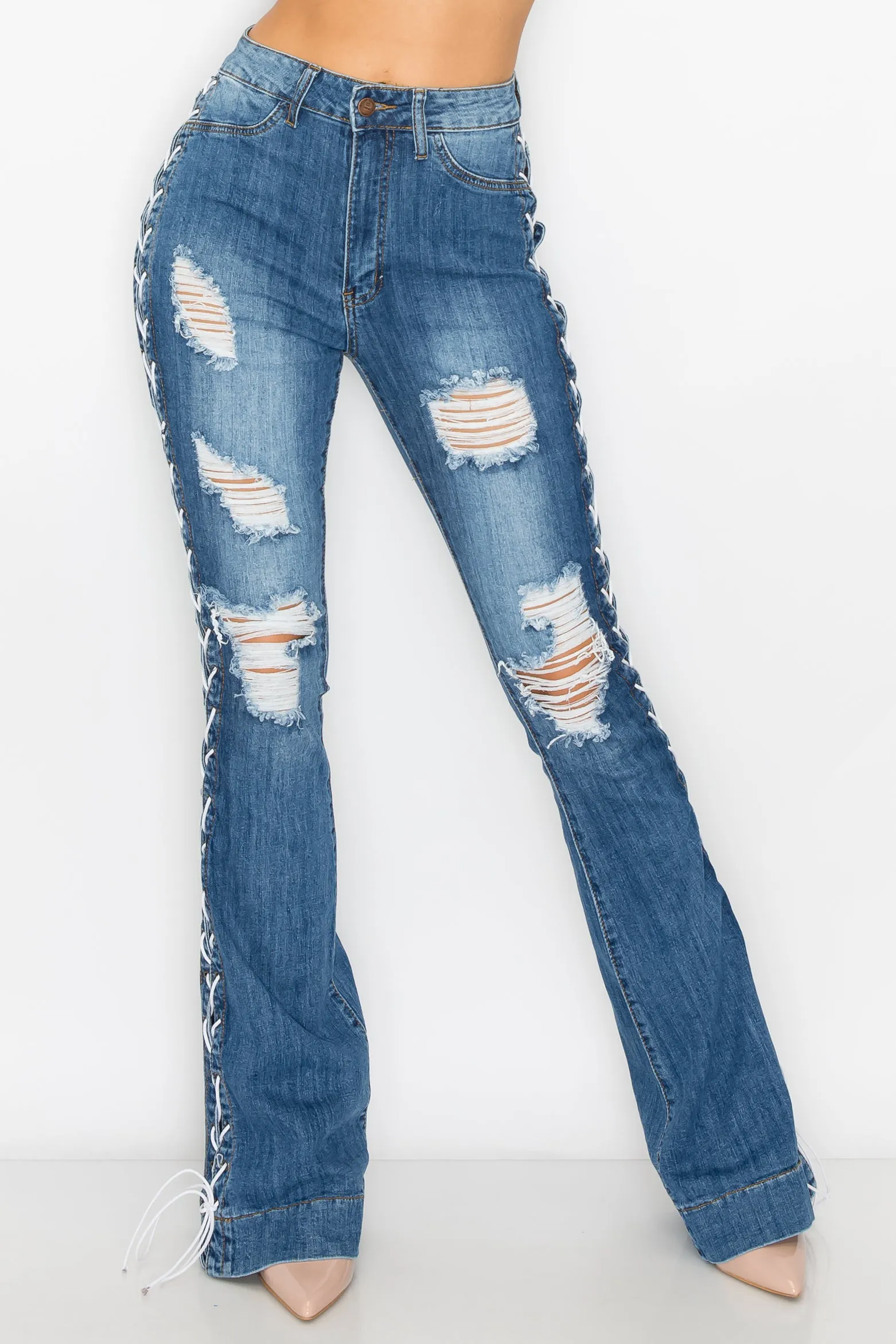 40028 Women's High Waisted Distressed Lace Up Flare Jeans with Cut Outs