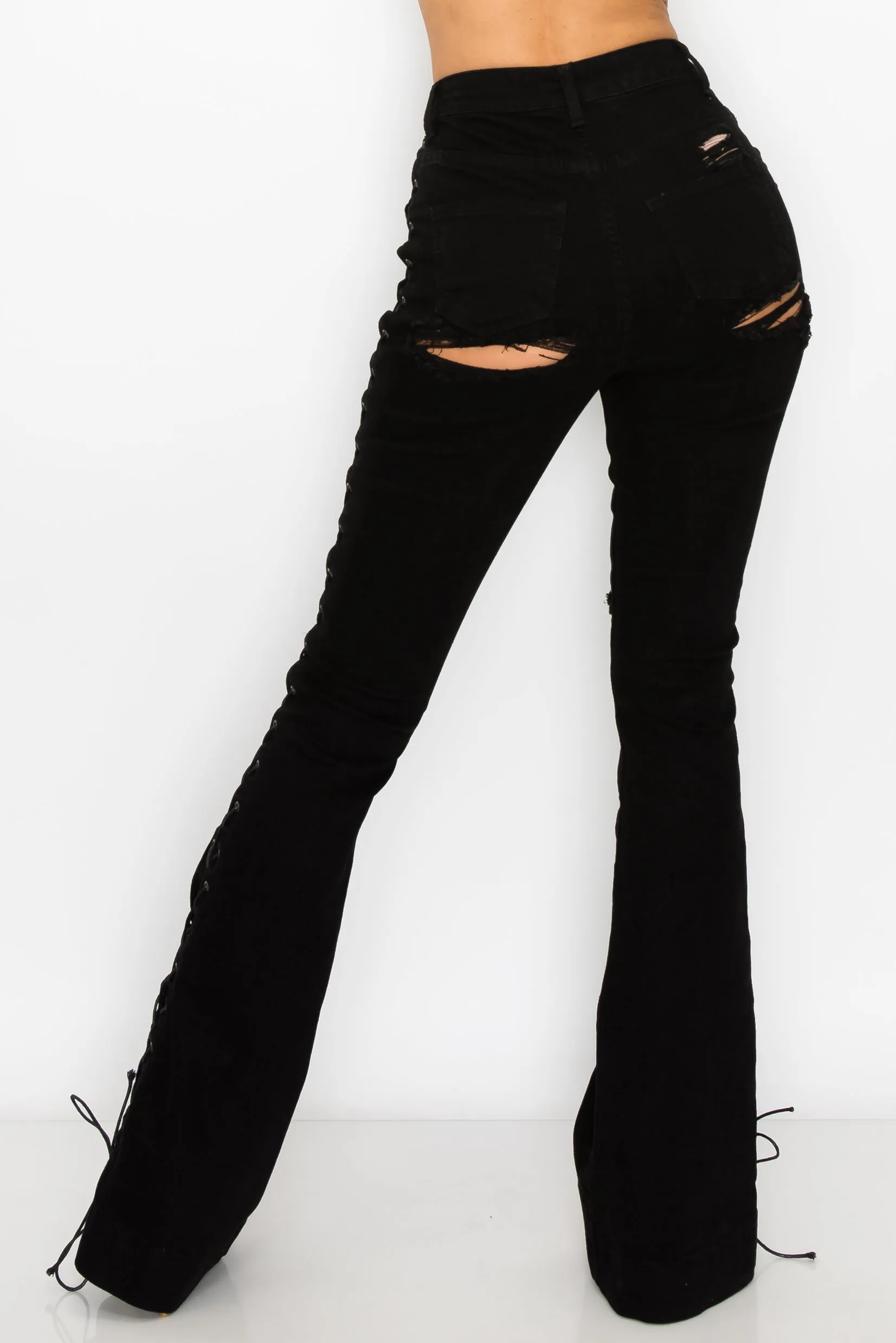 40028 Women's High Waisted Distressed Lace Up Flare Jeans with Cut Outs