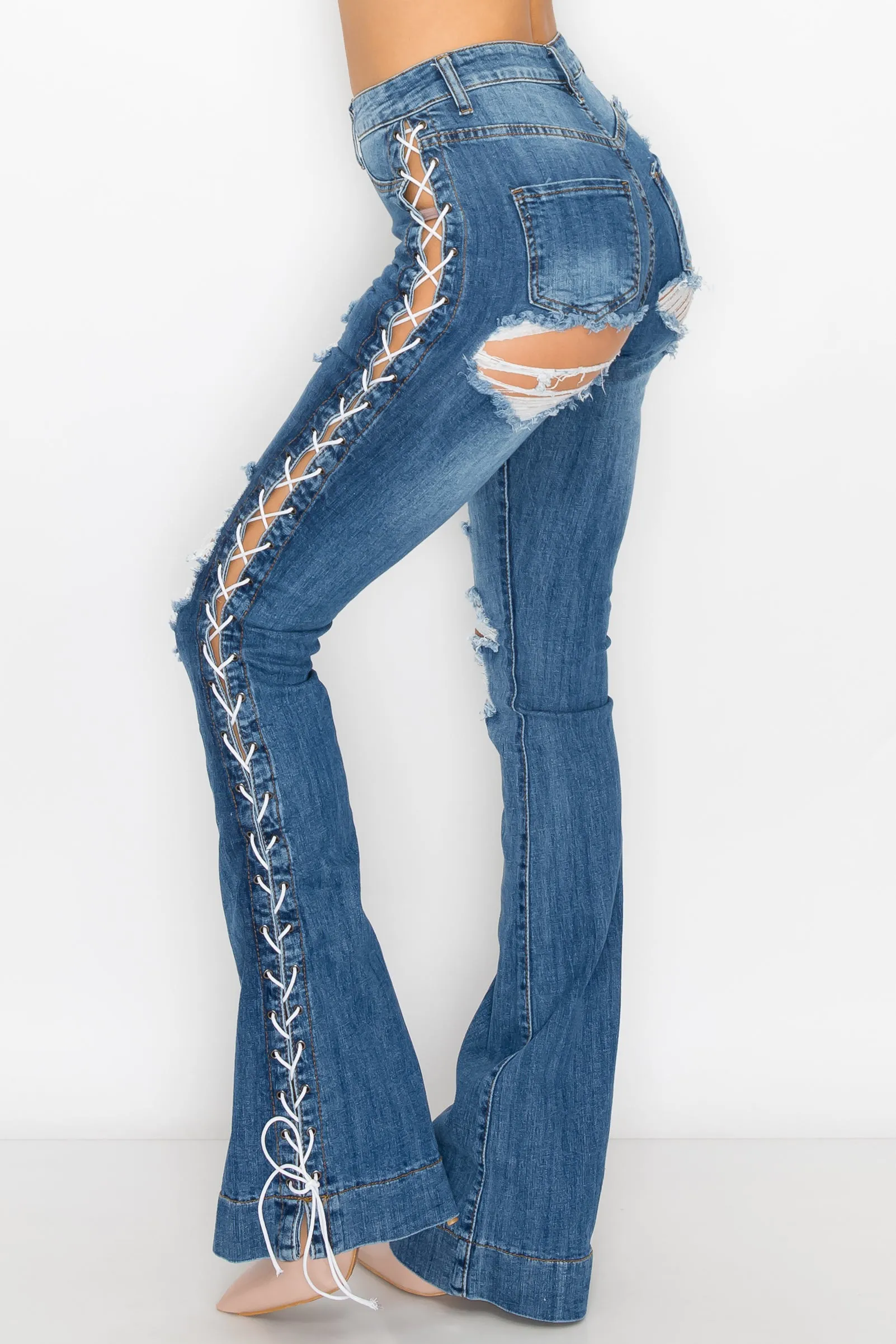 40028 Women's High Waisted Distressed Lace Up Flare Jeans with Cut Outs