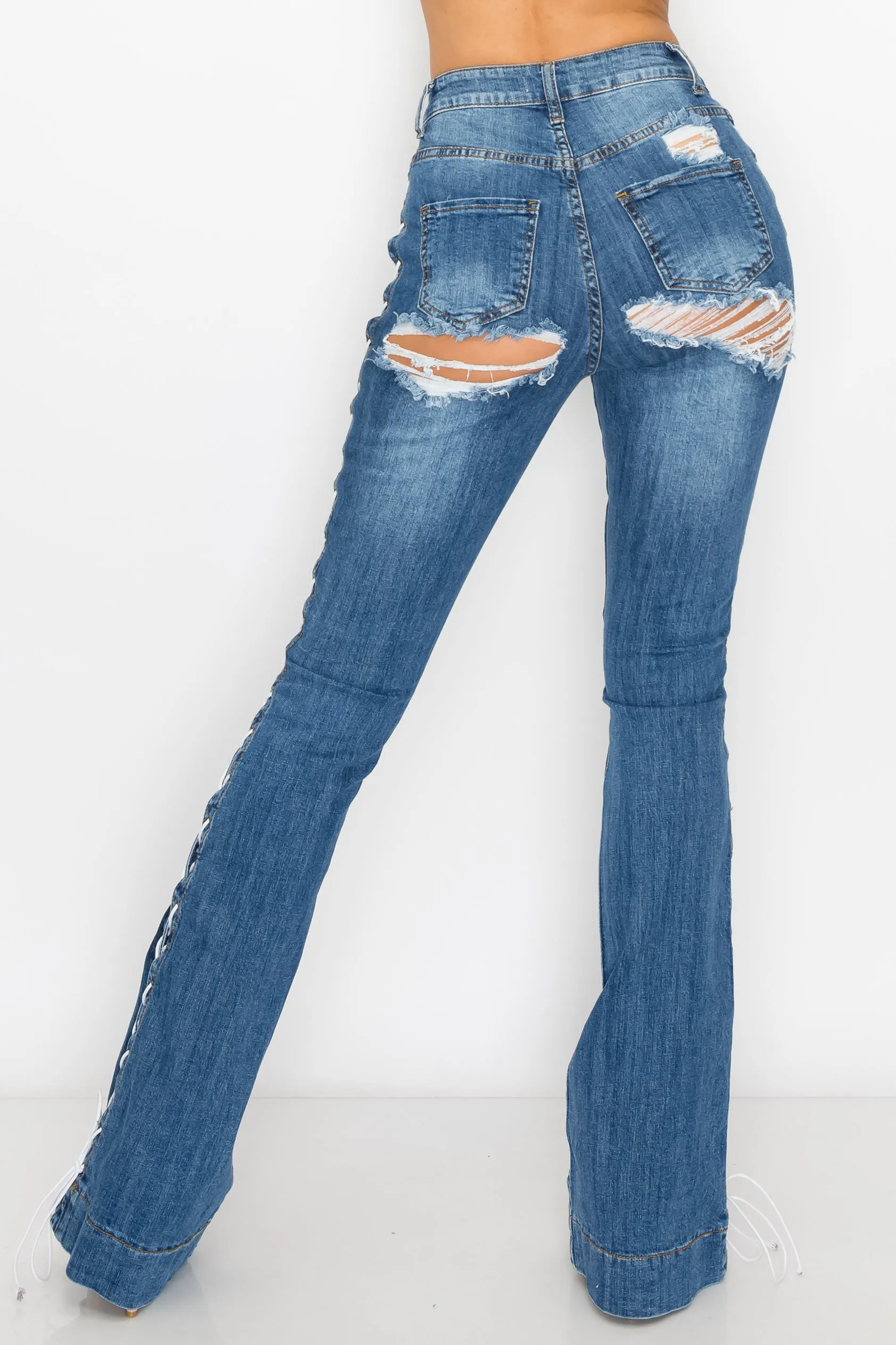 40028 Women's High Waisted Distressed Lace Up Flare Jeans with Cut Outs