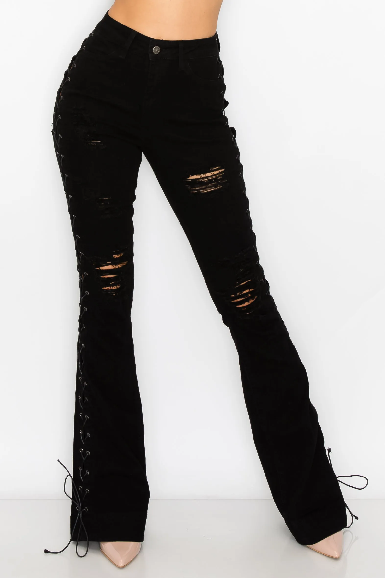 40028 Women's High Waisted Distressed Lace Up Flare Jeans with Cut Outs