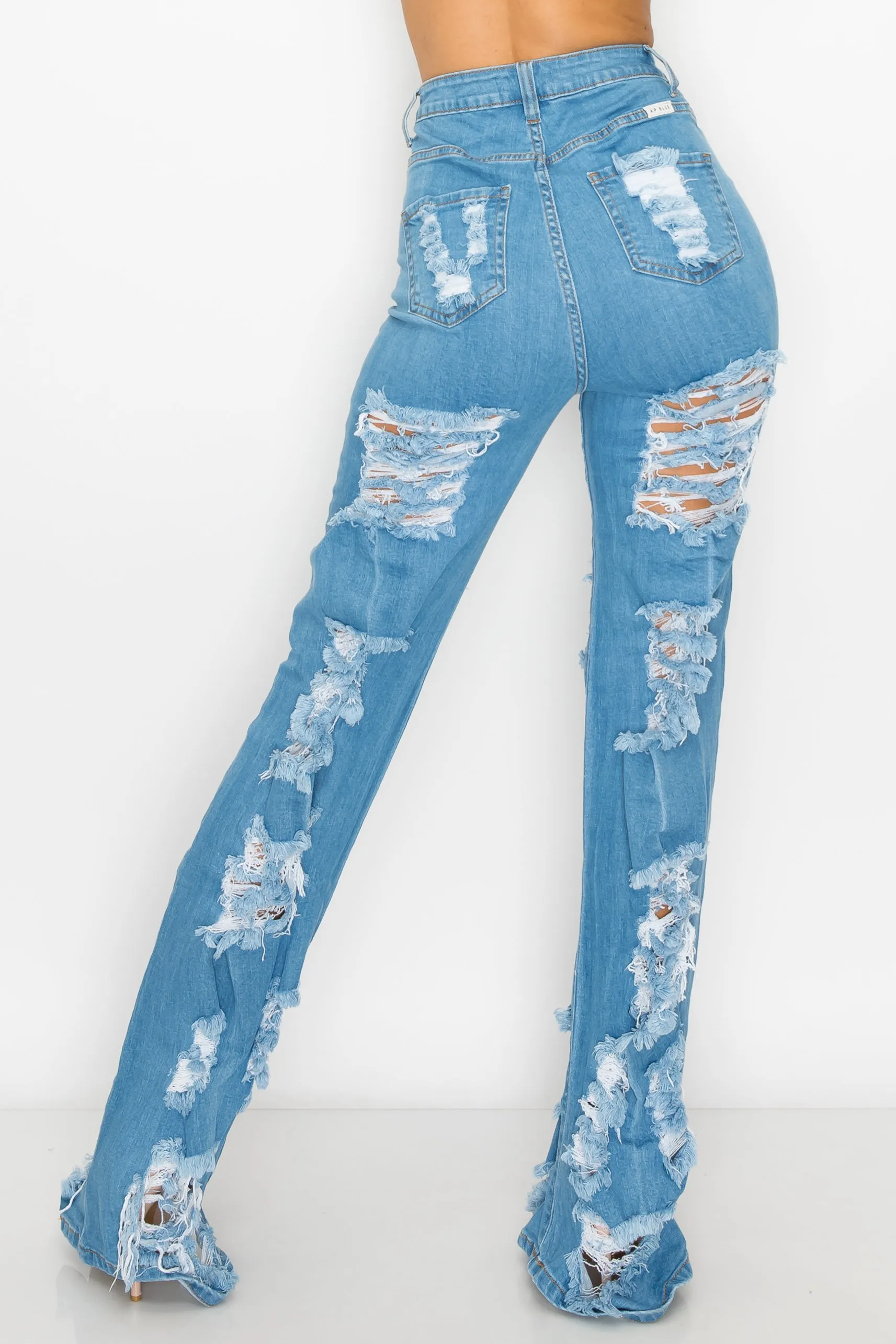 40030 Women'S High Waisted Distressed Wide Leg Jeans with Cut Outs