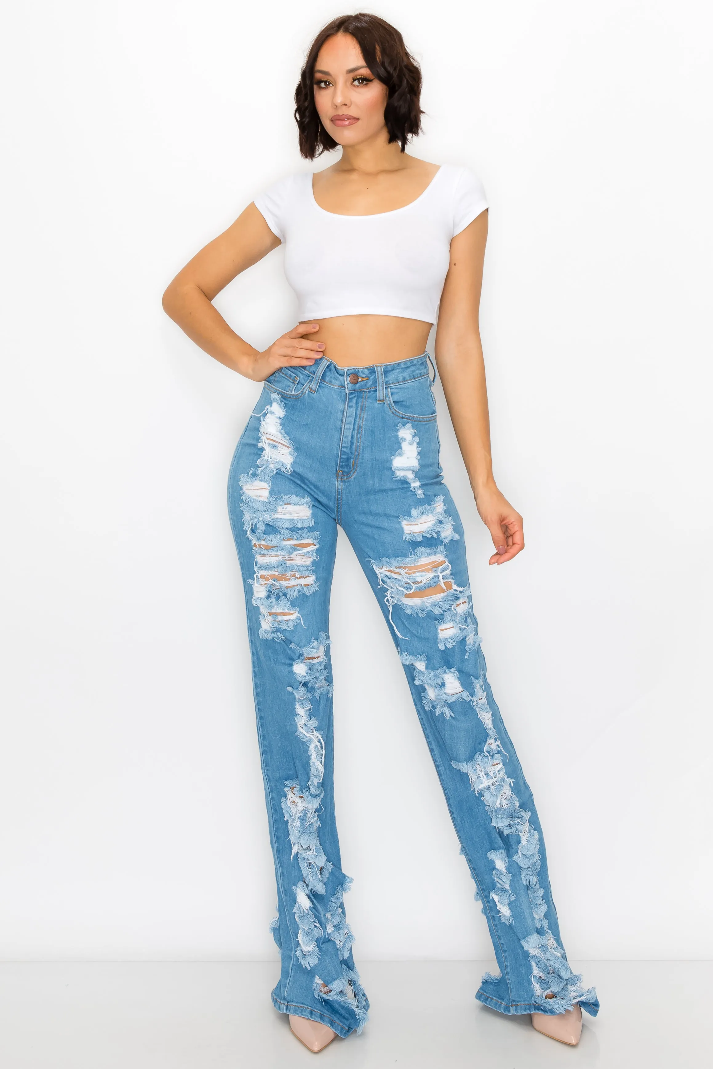 40030 Women'S High Waisted Distressed Wide Leg Jeans with Cut Outs