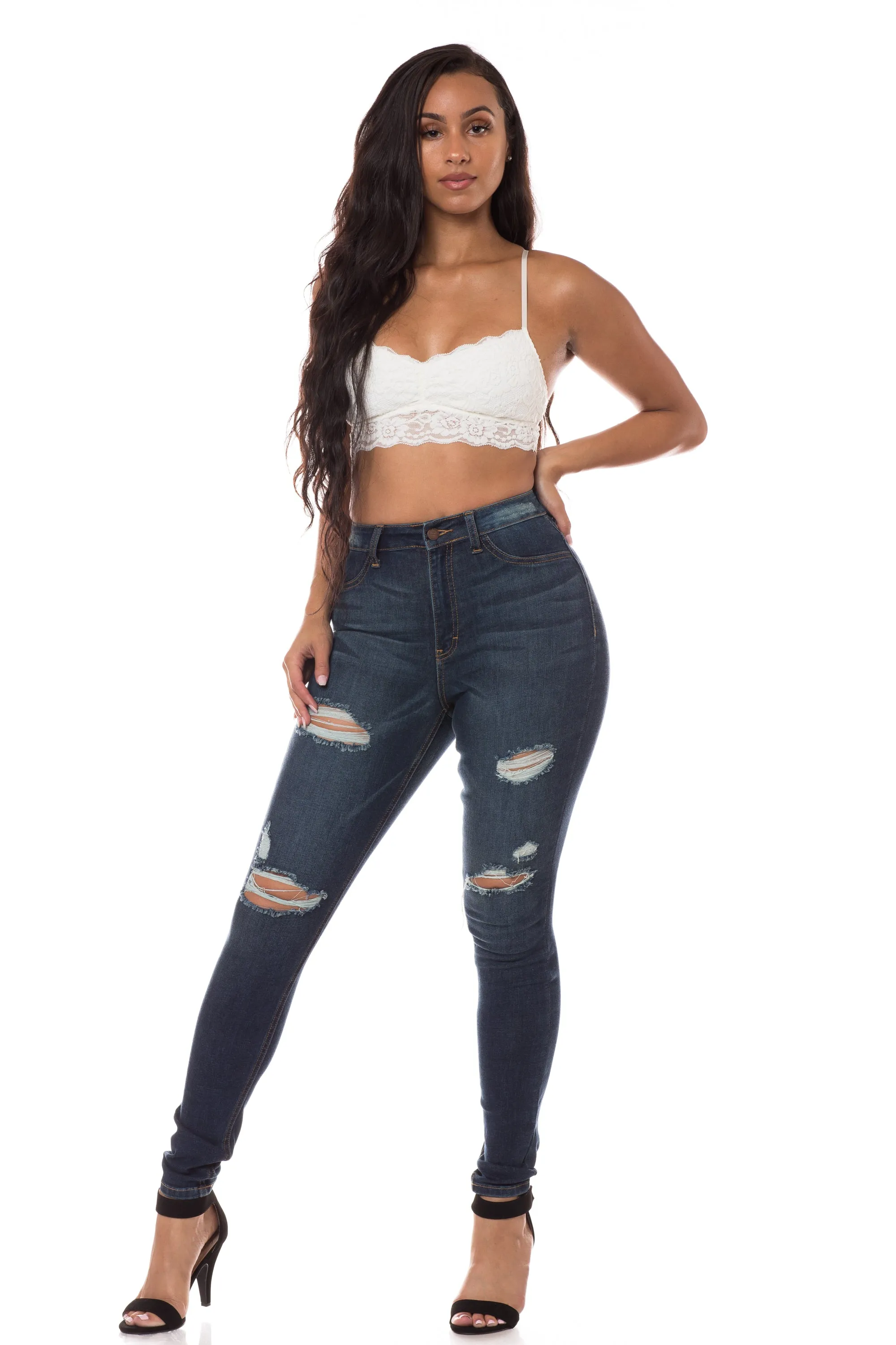 4258 Women's High Waisted Distressed Skinny Jeans