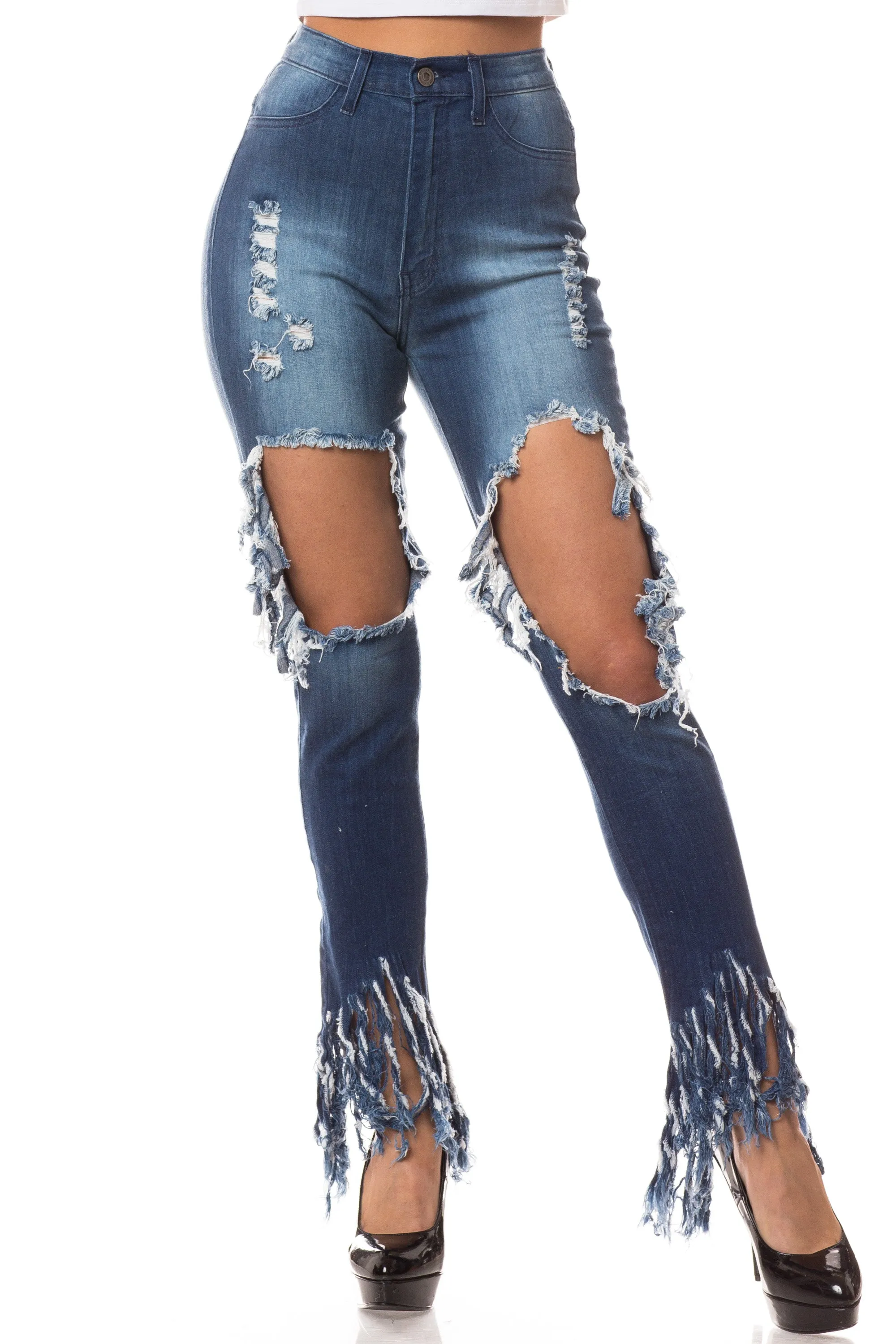 4276 Women's High Waisted Distressed Skinny Jeans with Cut Outs