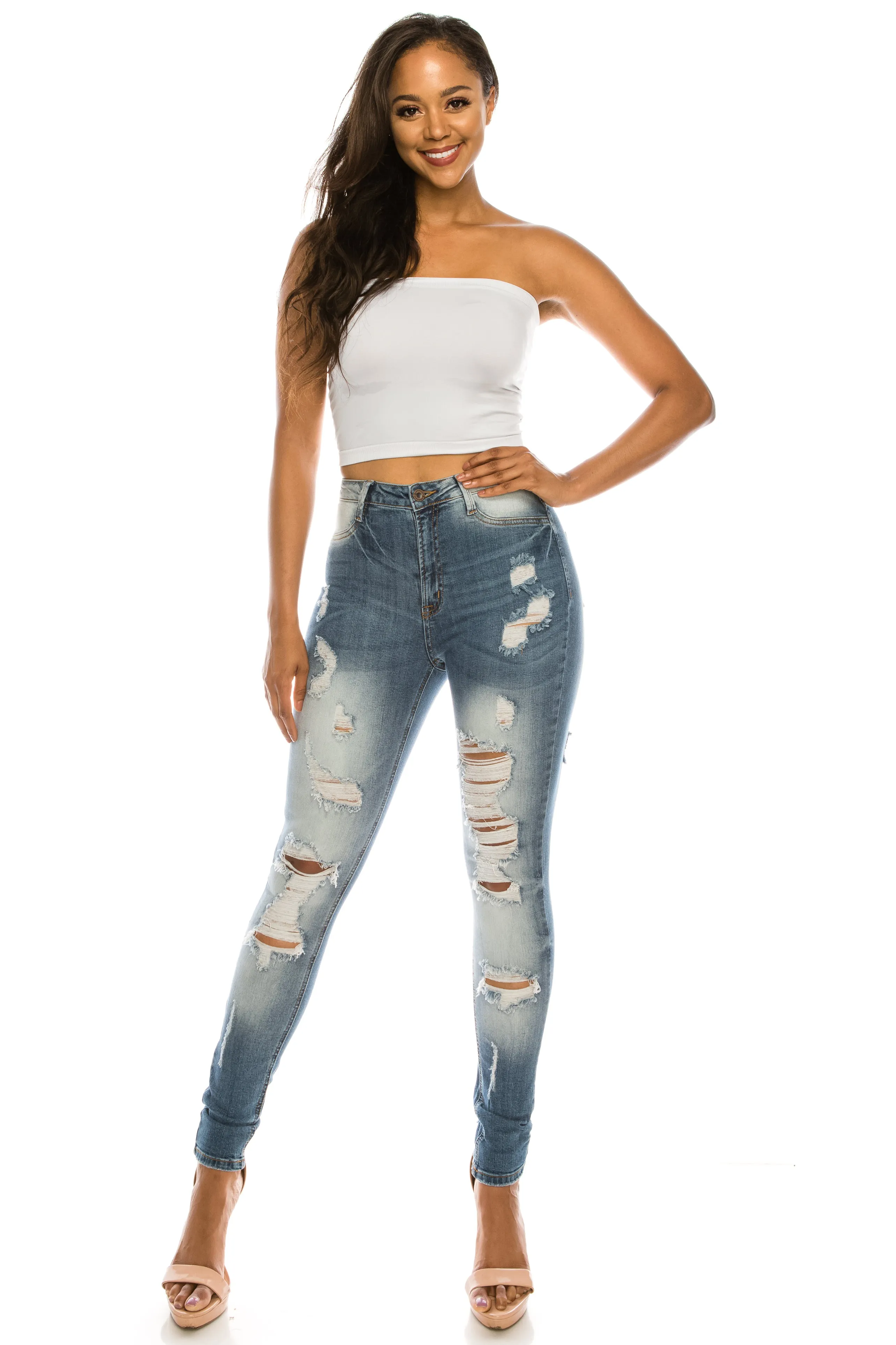 4357 Women's High Waisted Distressed Skinny Jeans