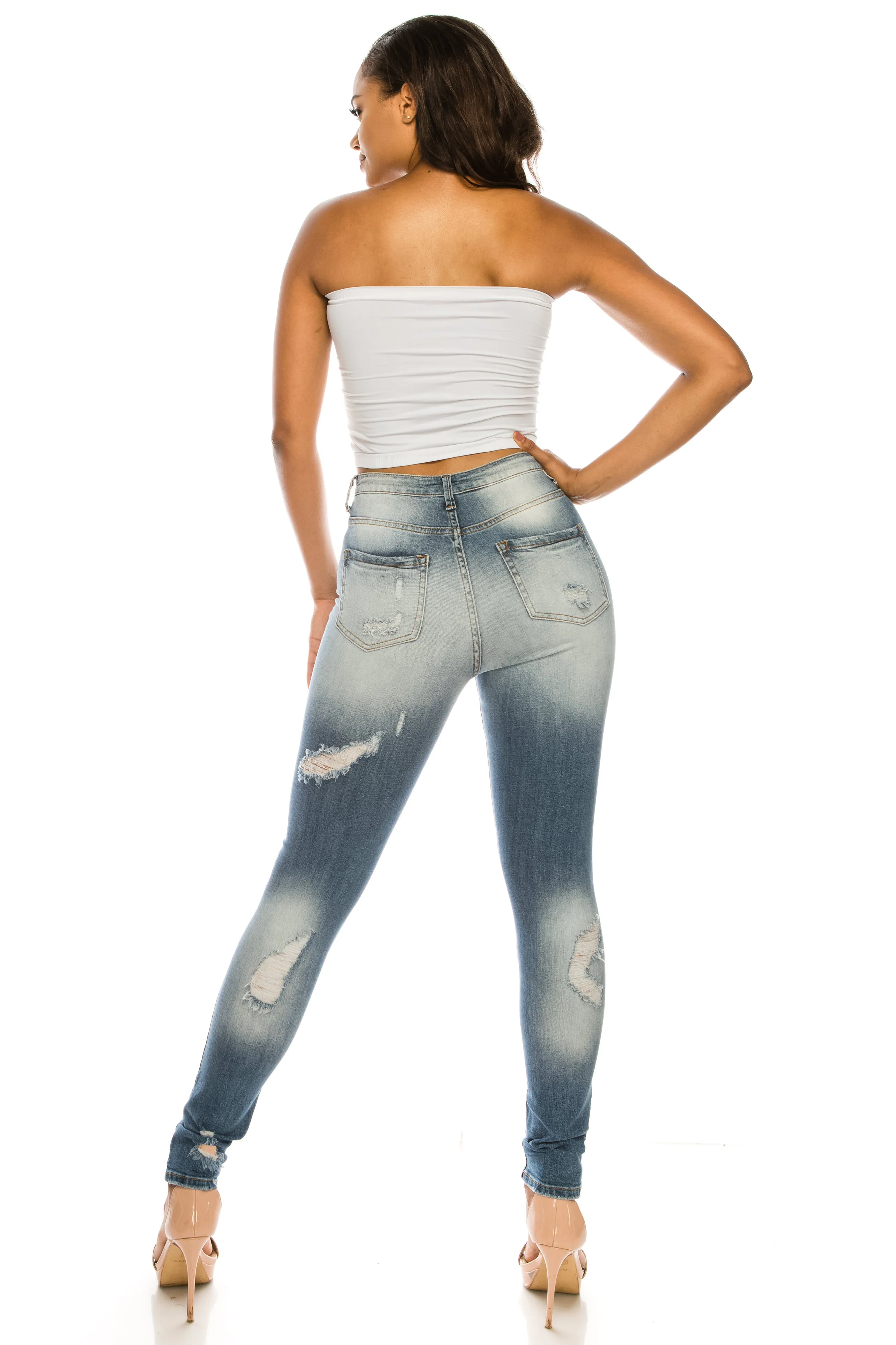 4357 Women's High Waisted Distressed Skinny Jeans