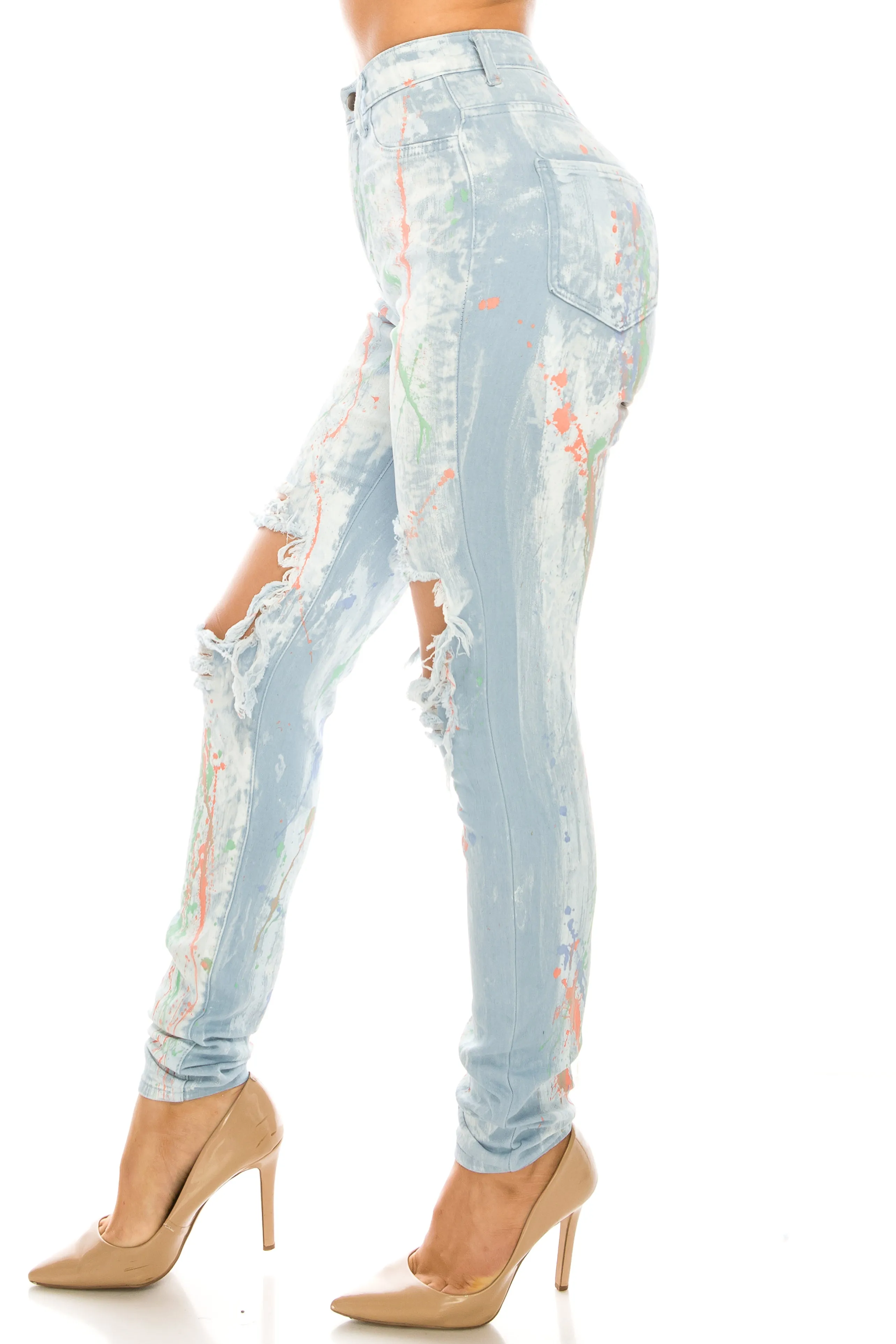 4378 Women's Super High Waisted Distressed Painted Skinny Jeans