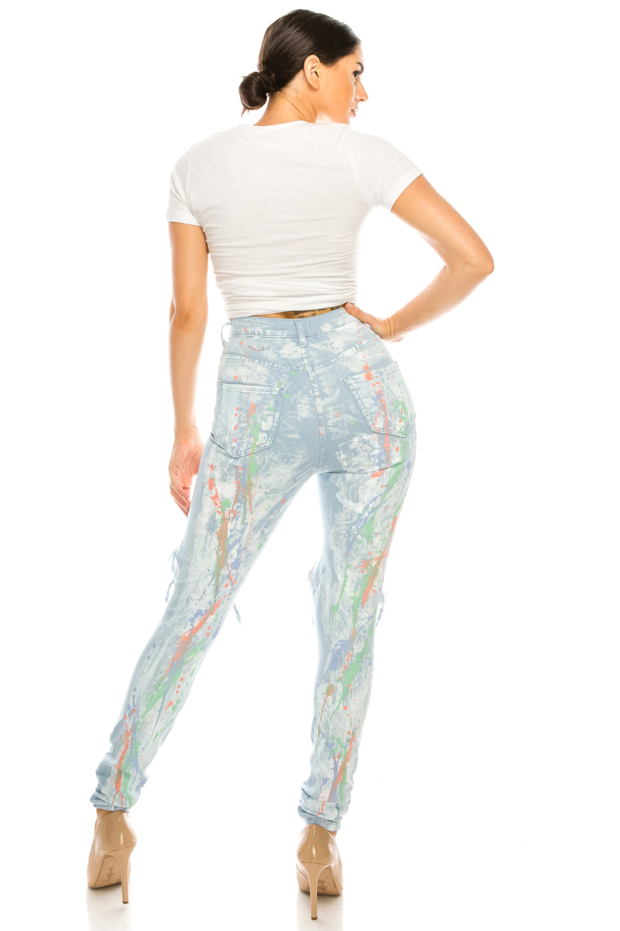 4378 Women's Super High Waisted Distressed Painted Skinny Jeans