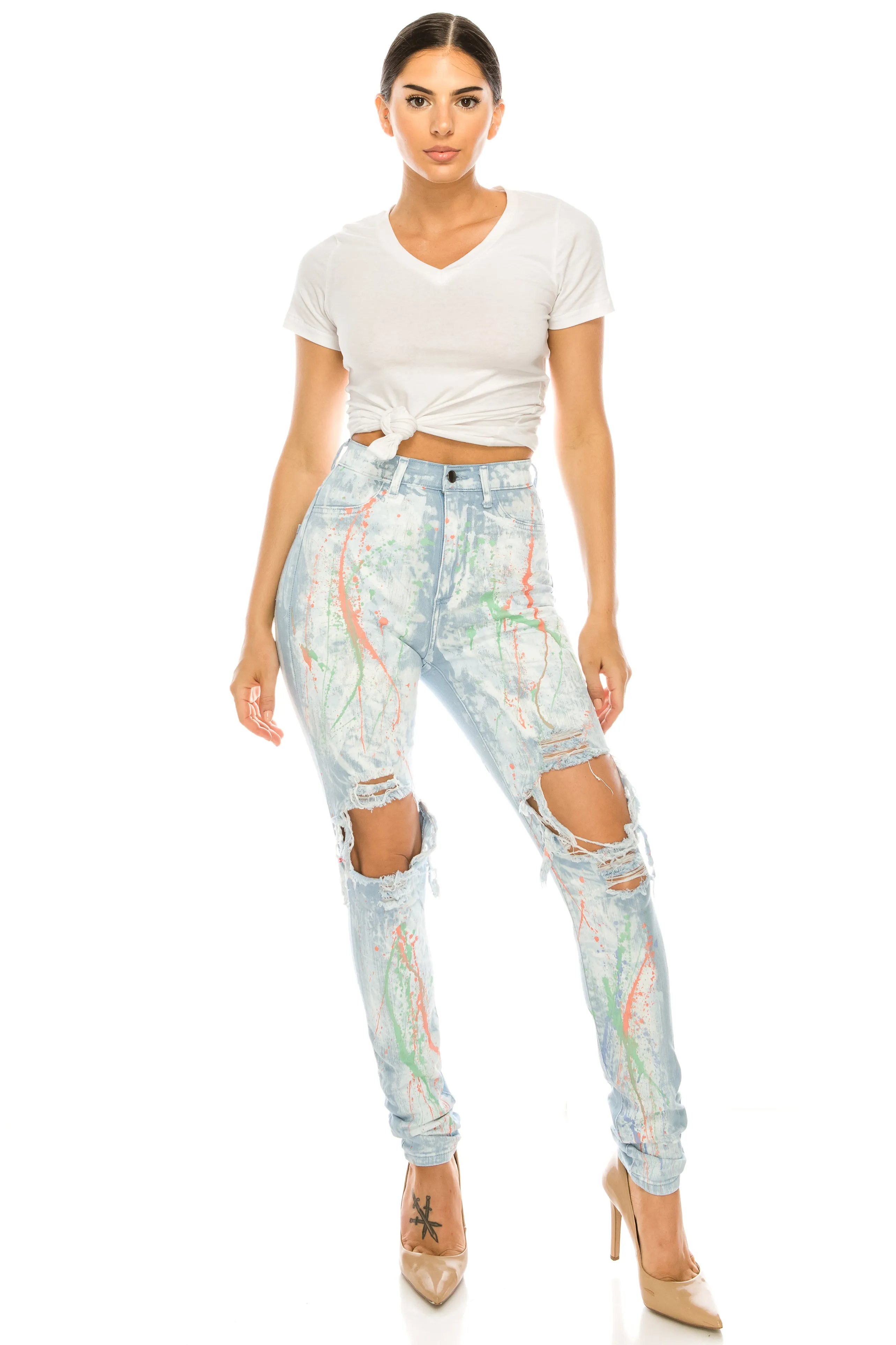 4378 Women's Super High Waisted Distressed Painted Skinny Jeans