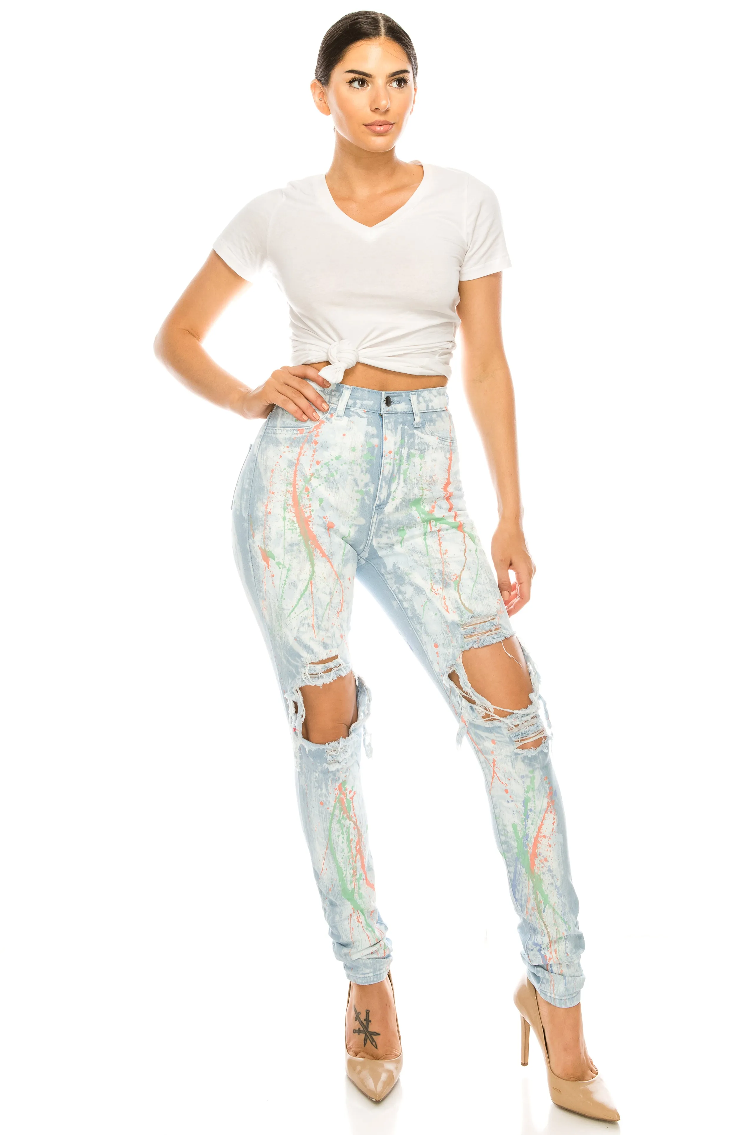 4378 Women's Super High Waisted Distressed Painted Skinny Jeans