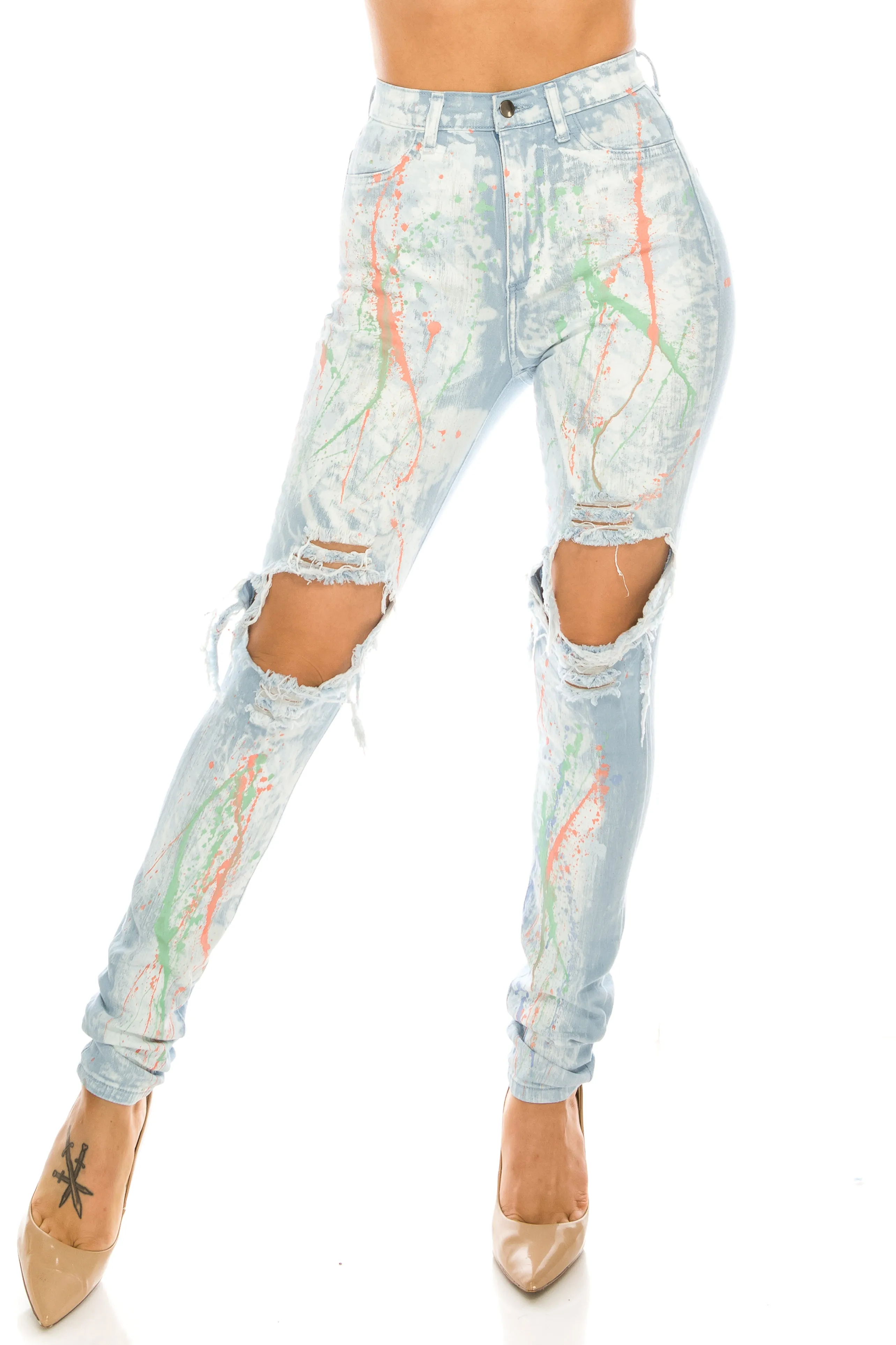 4378 Women's Super High Waisted Distressed Painted Skinny Jeans