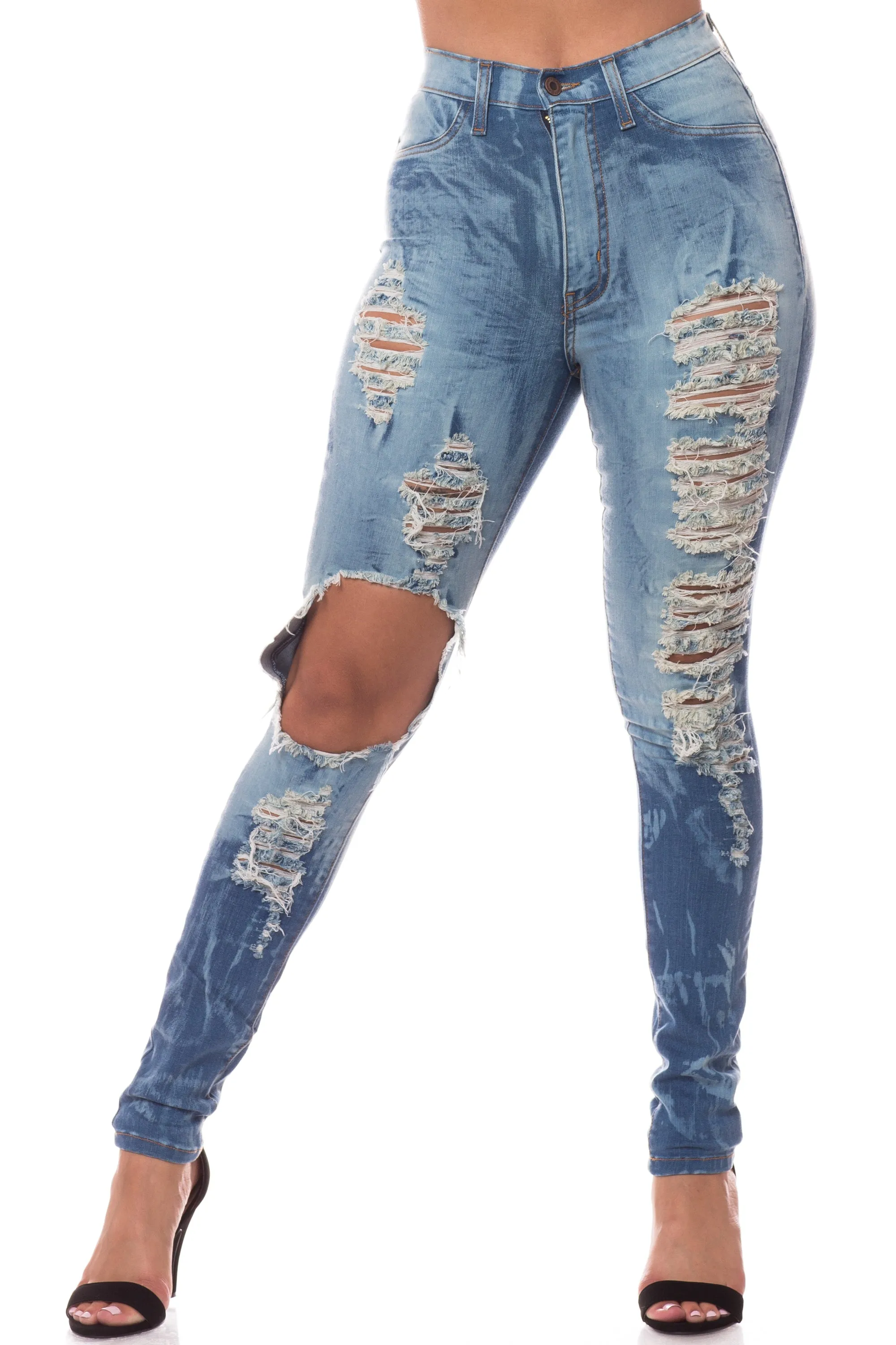 4398 Women's High Waisted Dyed Distressed Skinny Jeans with Cut Out