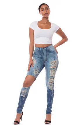 4398 Women's High Waisted Dyed Distressed Skinny Jeans with Cut Out