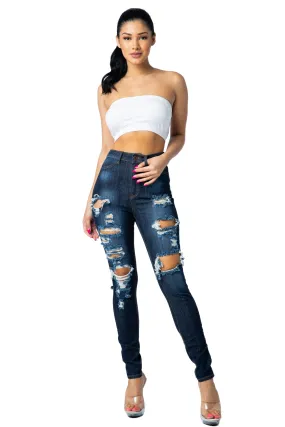 4472 Women's High Waisted Distressed Skinny Jeans with Cut Outs