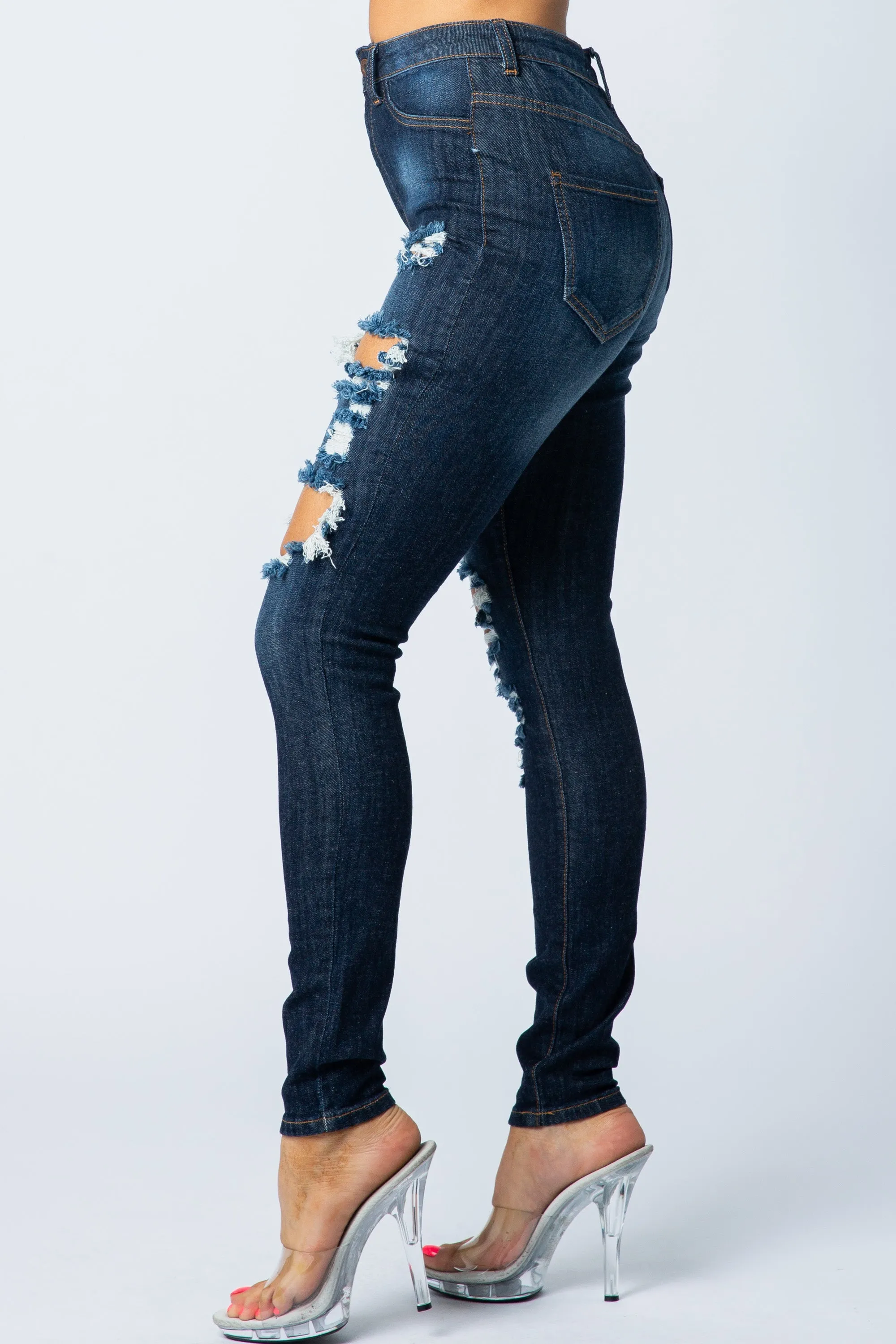 4472 Women's High Waisted Distressed Skinny Jeans with Cut Outs