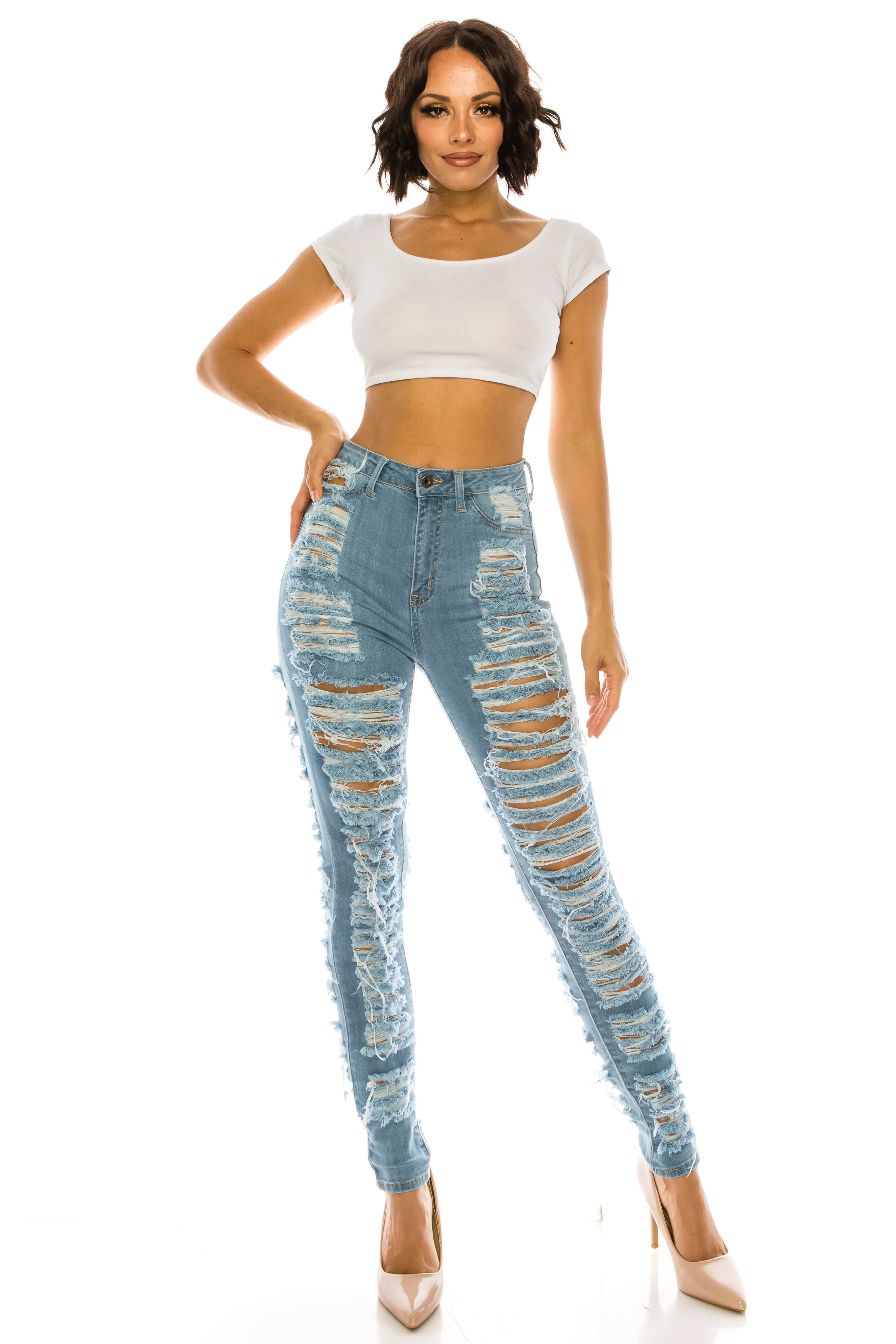 4483 Women's High Waisted Distressed Unhemmed Skinny Jeans with Cut Outs