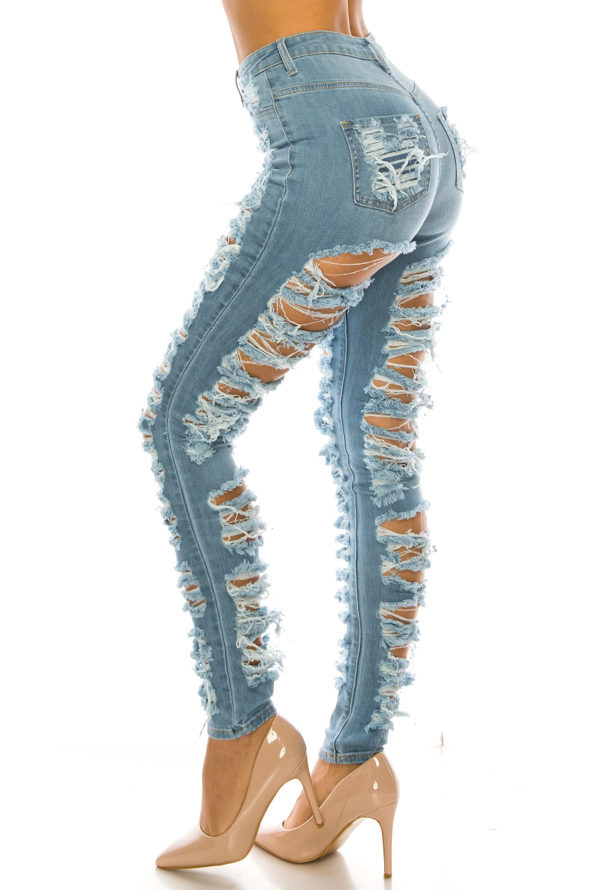 4483 Women's High Waisted Distressed Unhemmed Skinny Jeans with Cut Outs