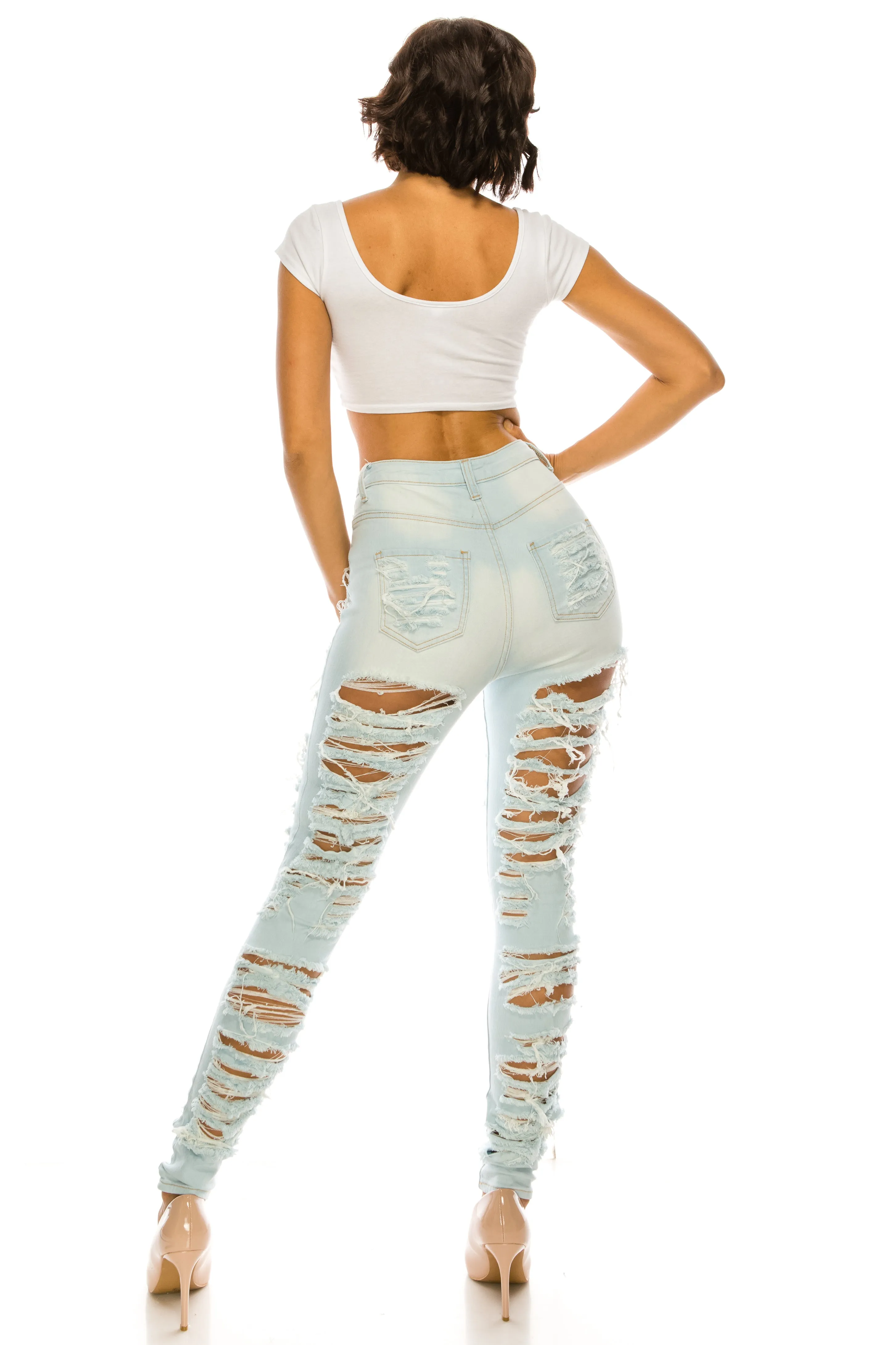 4483 Women's High Waisted Distressed Unhemmed Skinny Jeans with Cut Outs