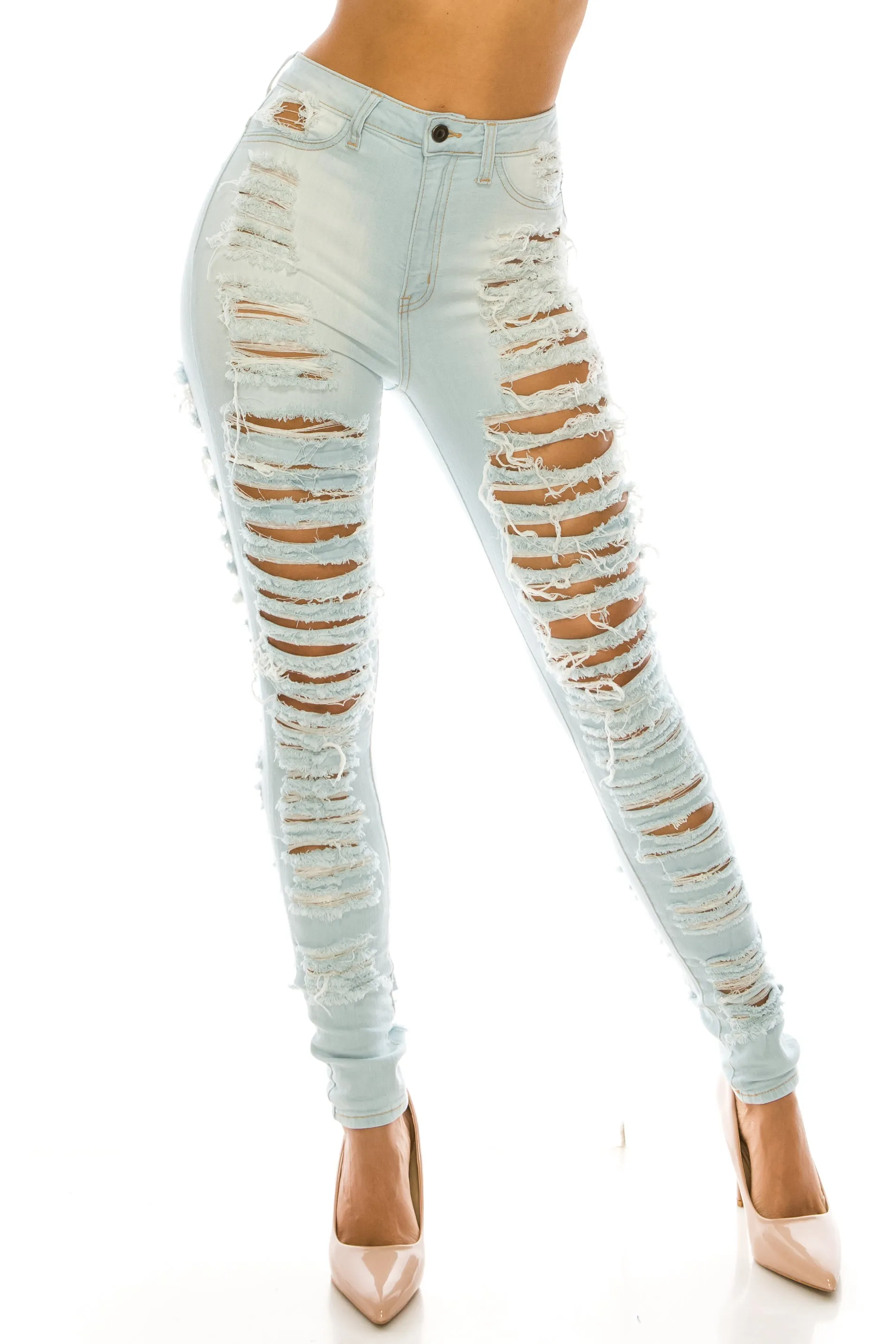 4483 Women's High Waisted Distressed Unhemmed Skinny Jeans with Cut Outs