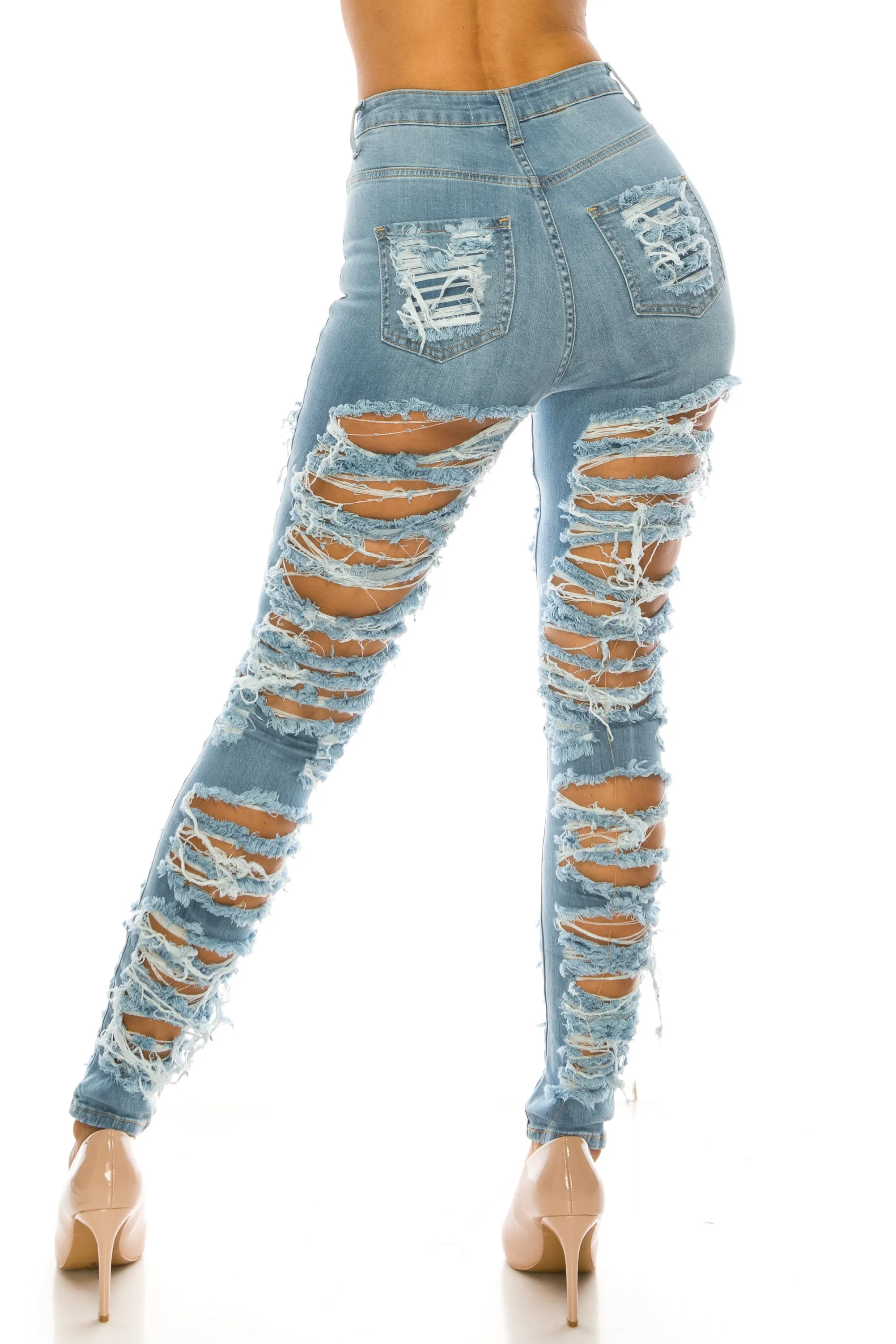 4483 Women's High Waisted Distressed Unhemmed Skinny Jeans with Cut Outs