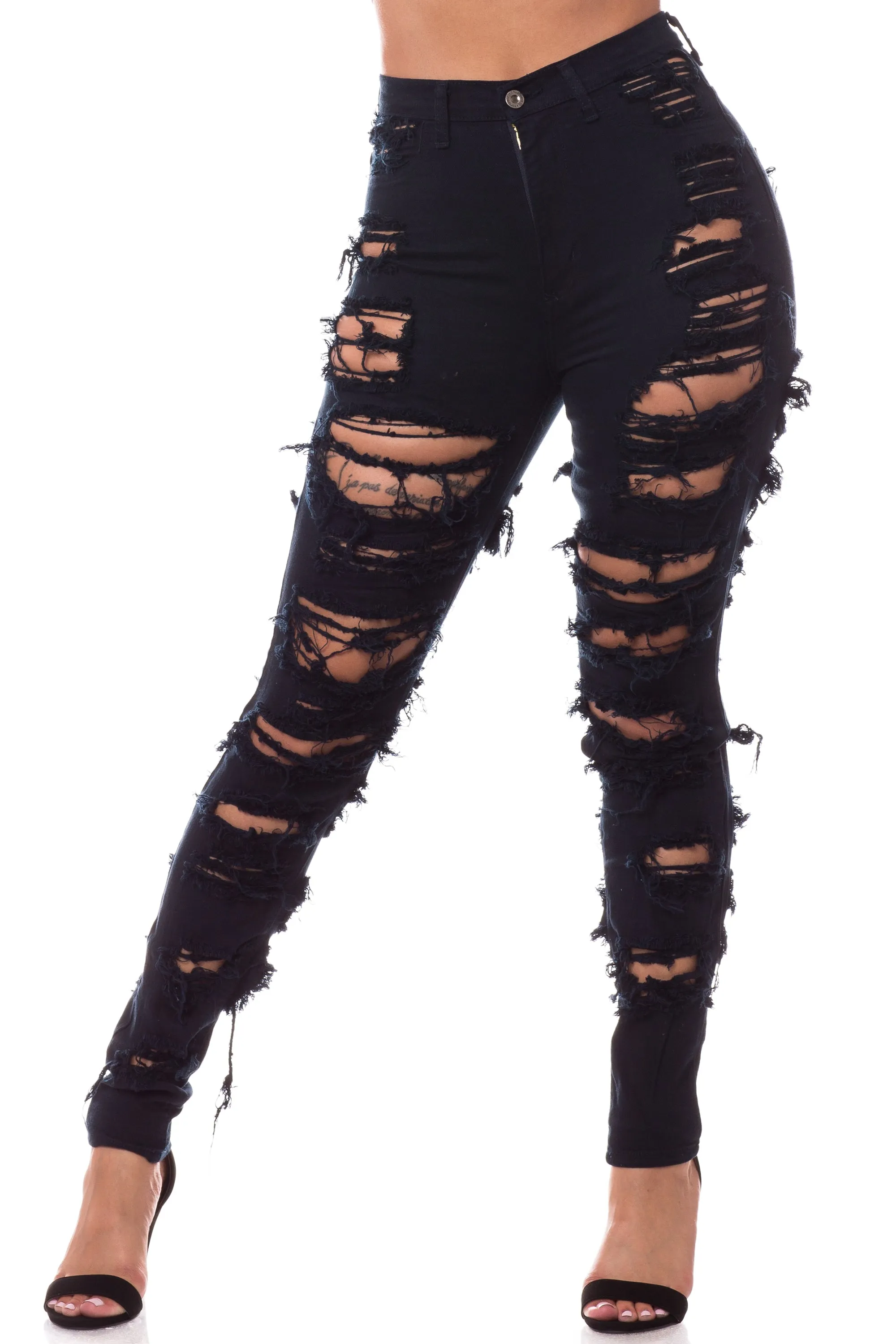 4483 Women's High Waisted Distressed Unhemmed Skinny Jeans with Cut Outs