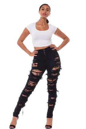 4483 Women's High Waisted Distressed Unhemmed Skinny Jeans with Cut Outs