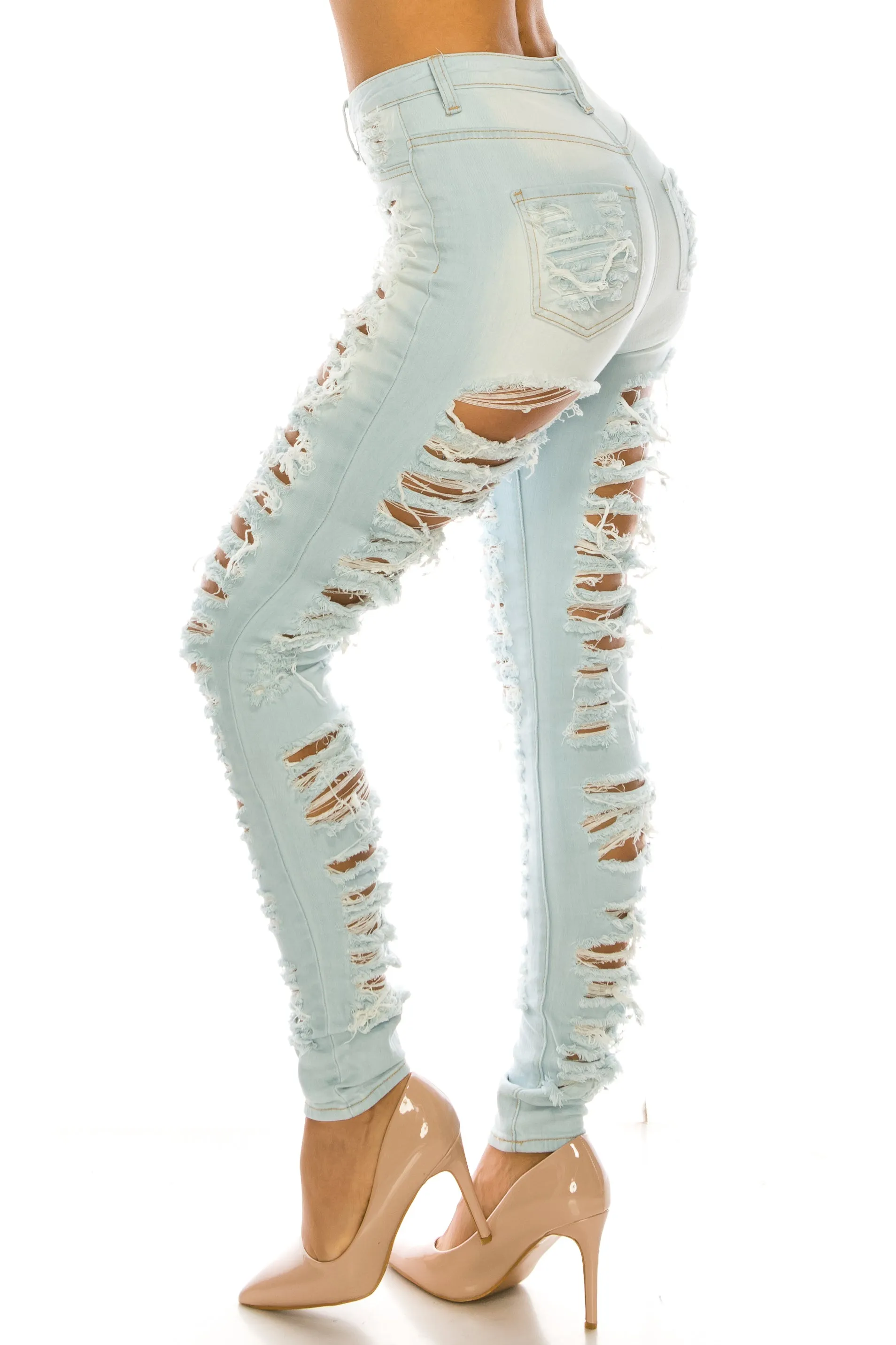 4483 Women's High Waisted Distressed Unhemmed Skinny Jeans with Cut Outs