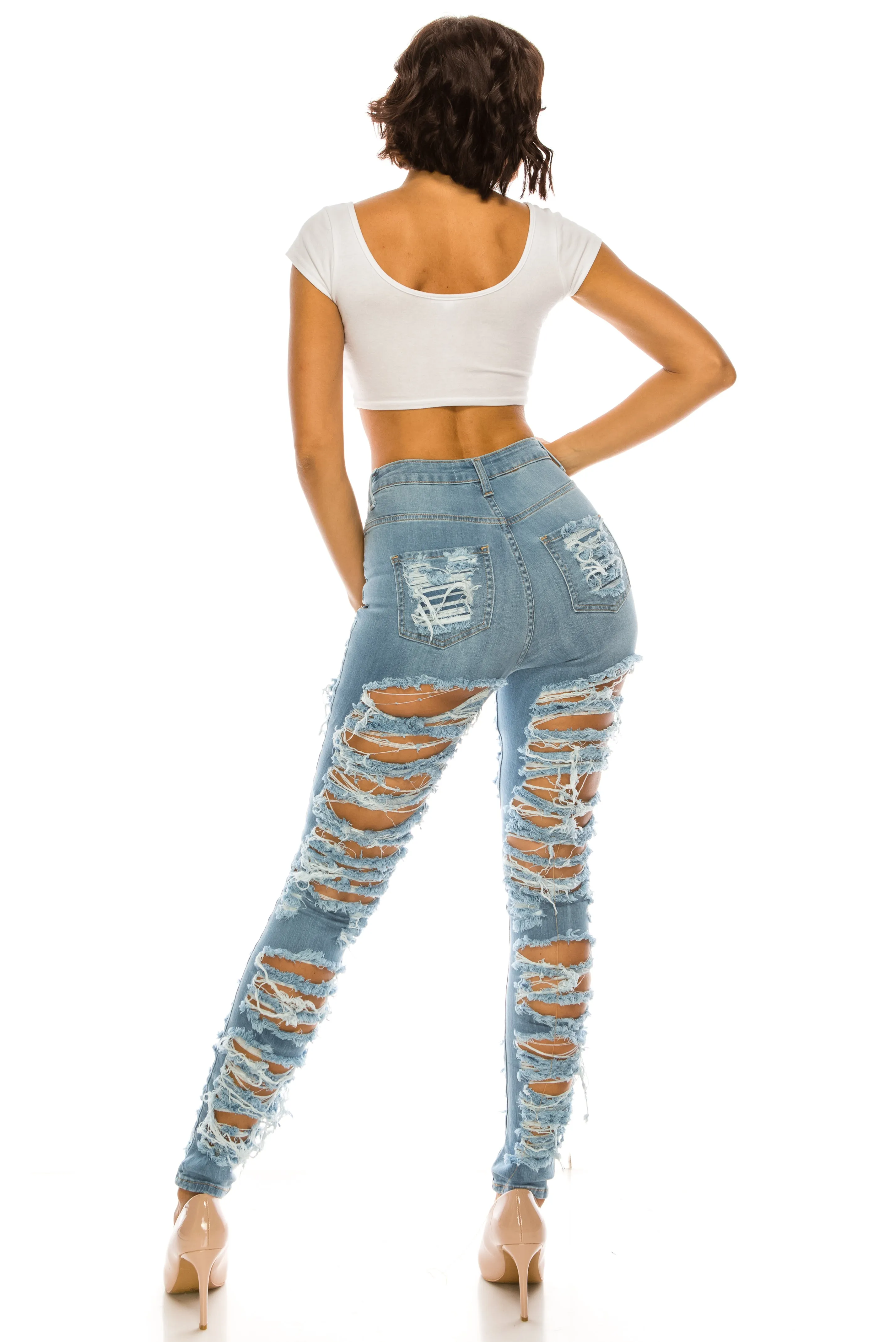 4483 Women's High Waisted Distressed Unhemmed Skinny Jeans with Cut Outs