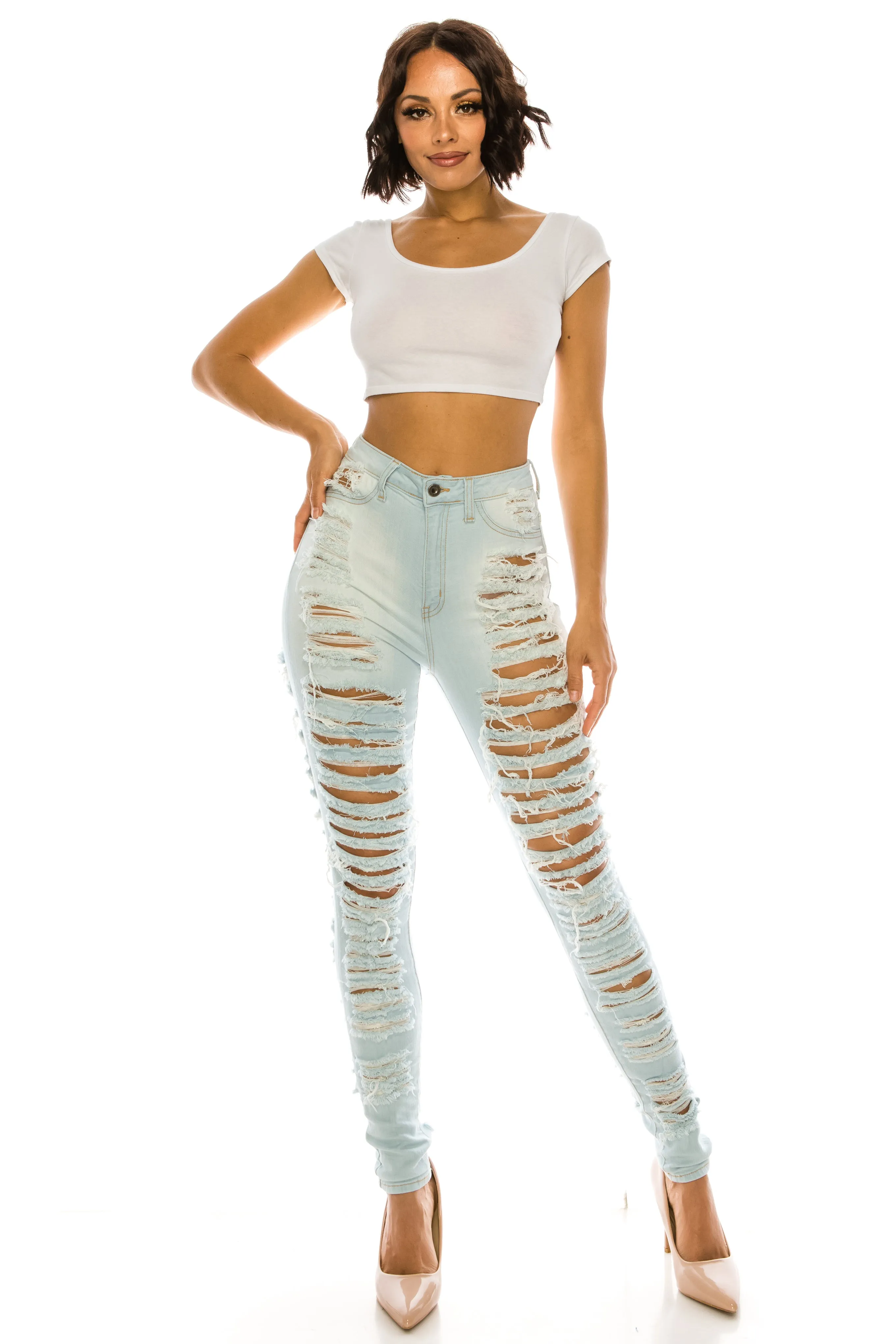 4483 Women's High Waisted Distressed Unhemmed Skinny Jeans with Cut Outs