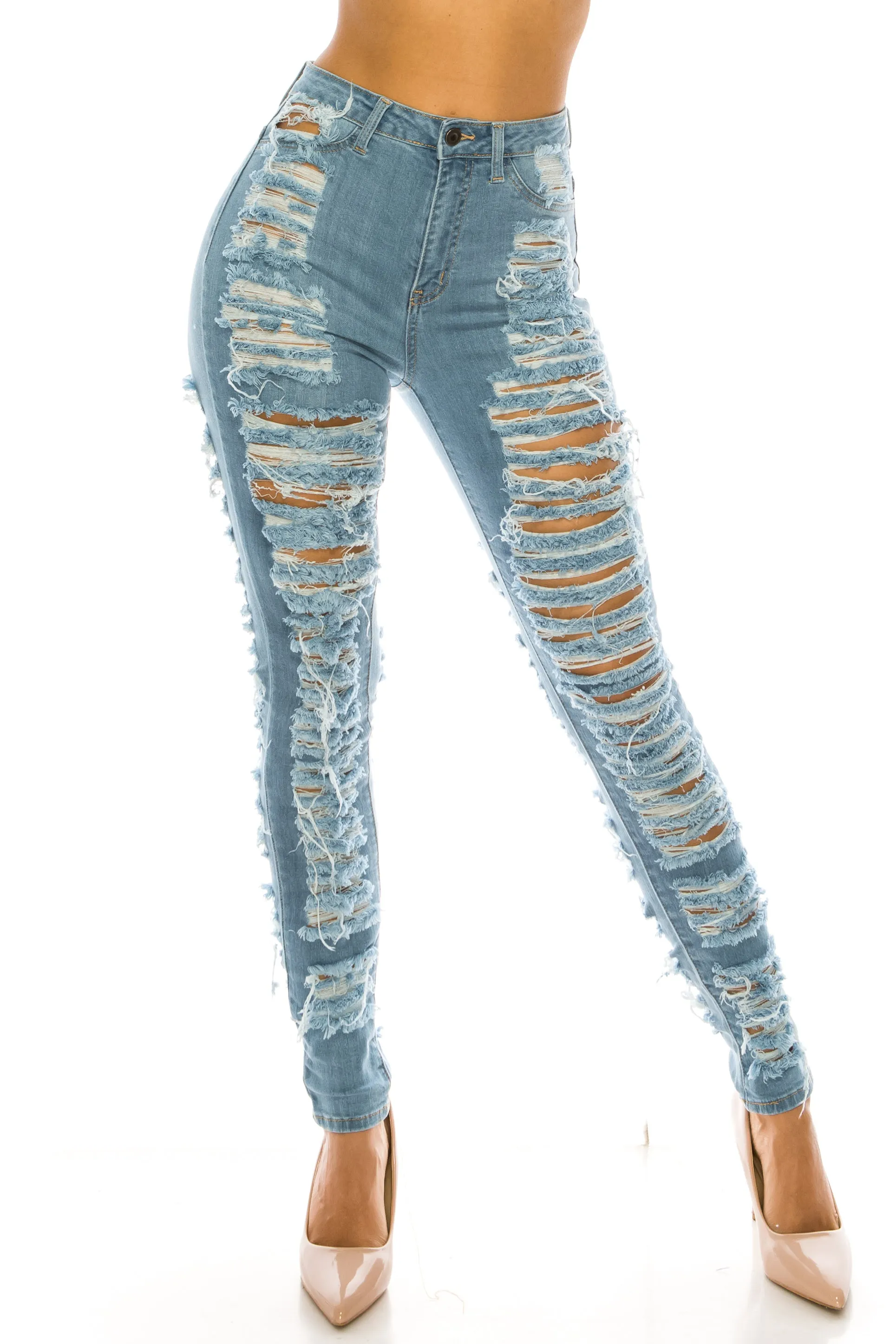 4483 Women's High Waisted Distressed Unhemmed Skinny Jeans with Cut Outs