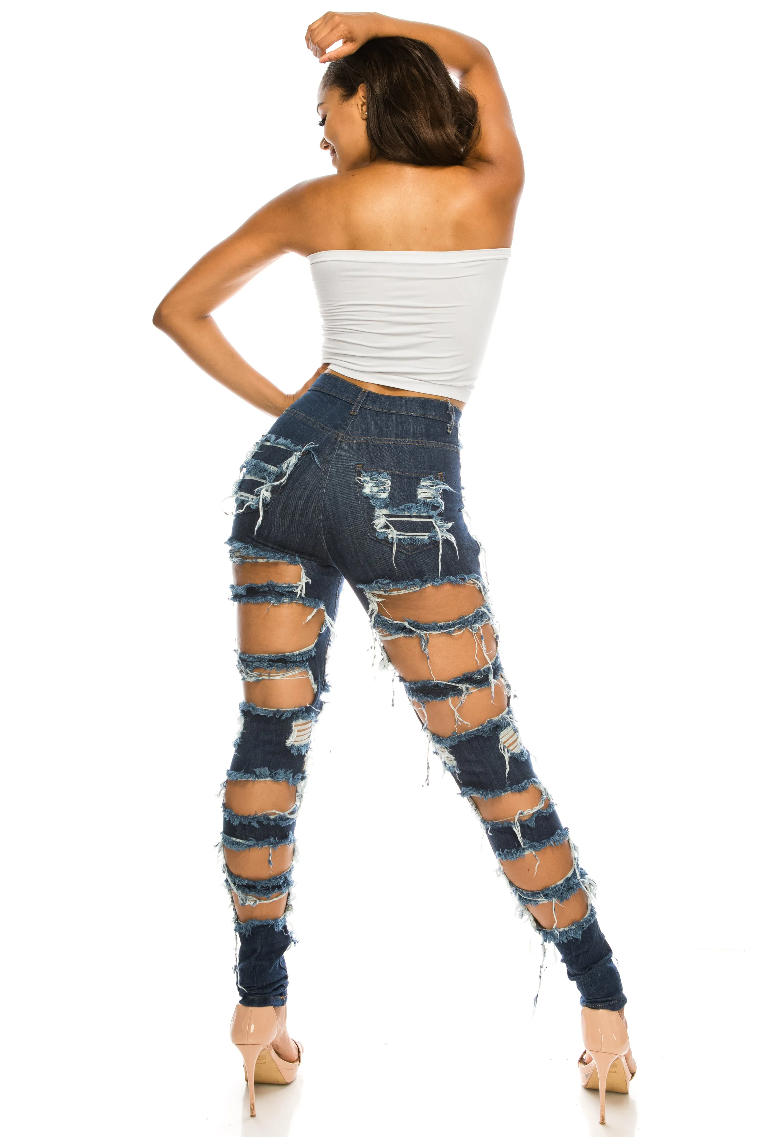 4484 Women's High Waisted Heavy Distressed Skinny Jeans with Cut Outs