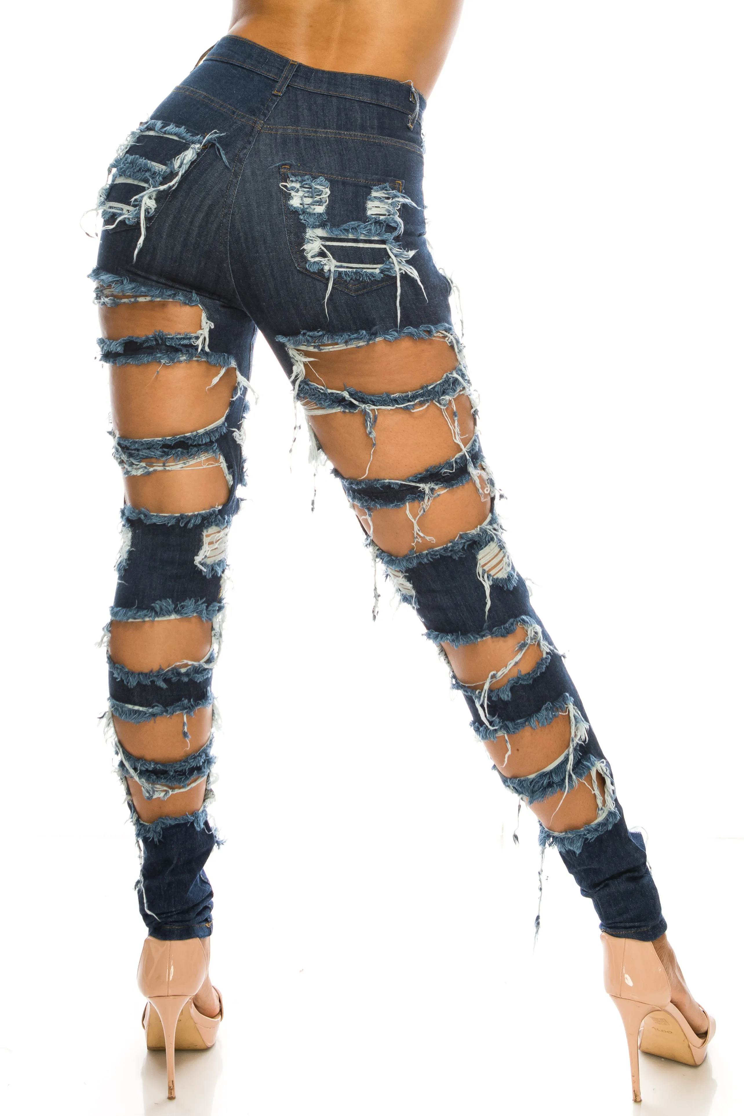 4484 Women's High Waisted Heavy Distressed Skinny Jeans with Cut Outs