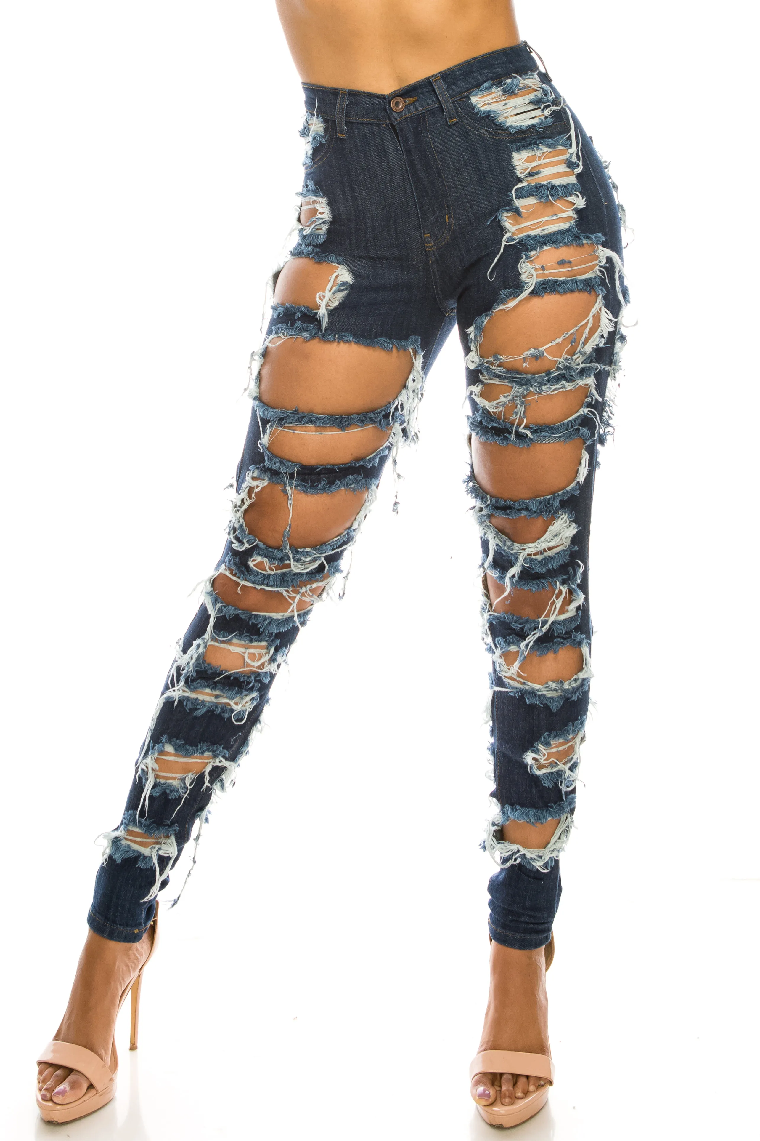 4484 Women's High Waisted Heavy Distressed Skinny Jeans with Cut Outs