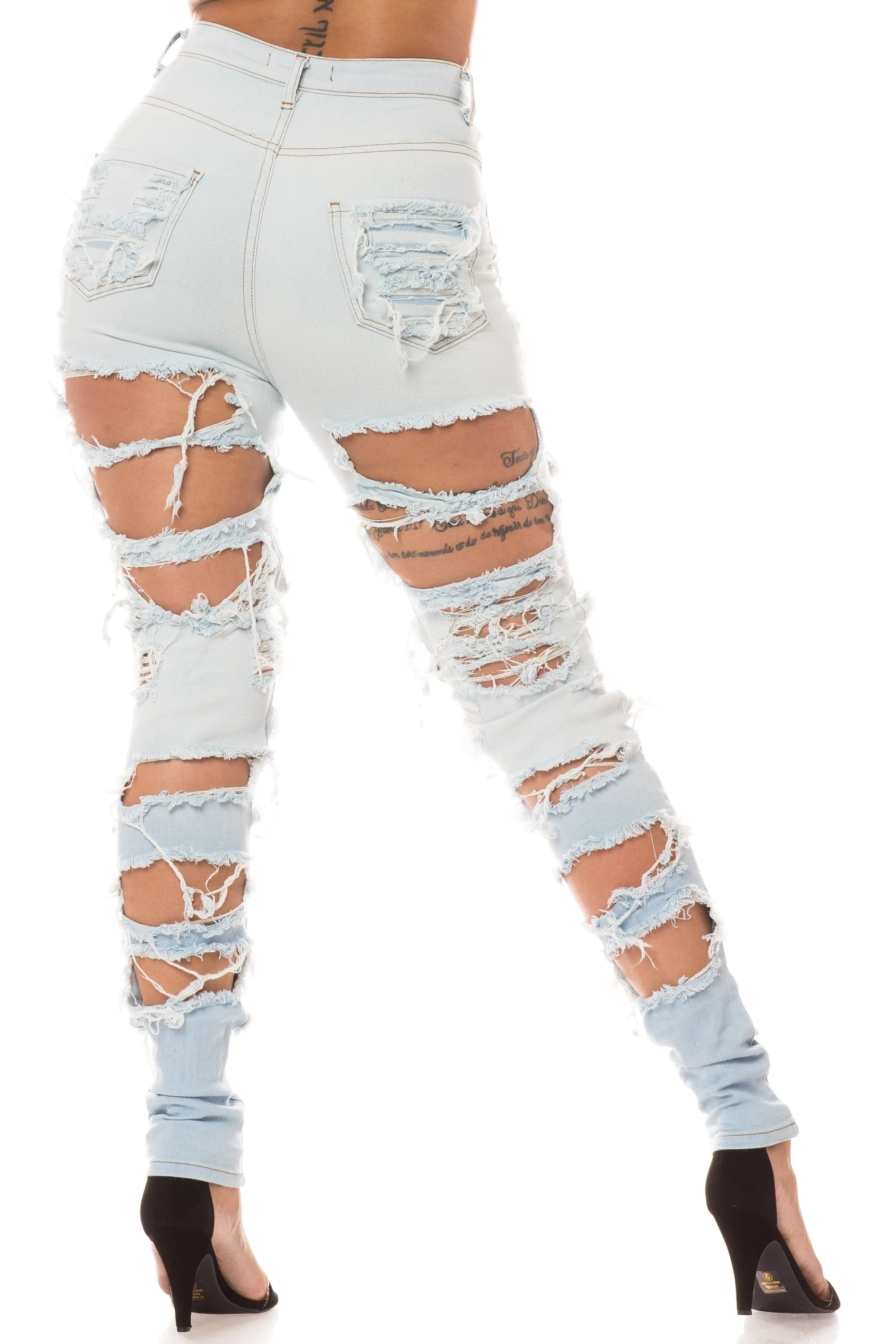 4484 Women's High Waisted Heavy Distressed Skinny Jeans with Cut Outs