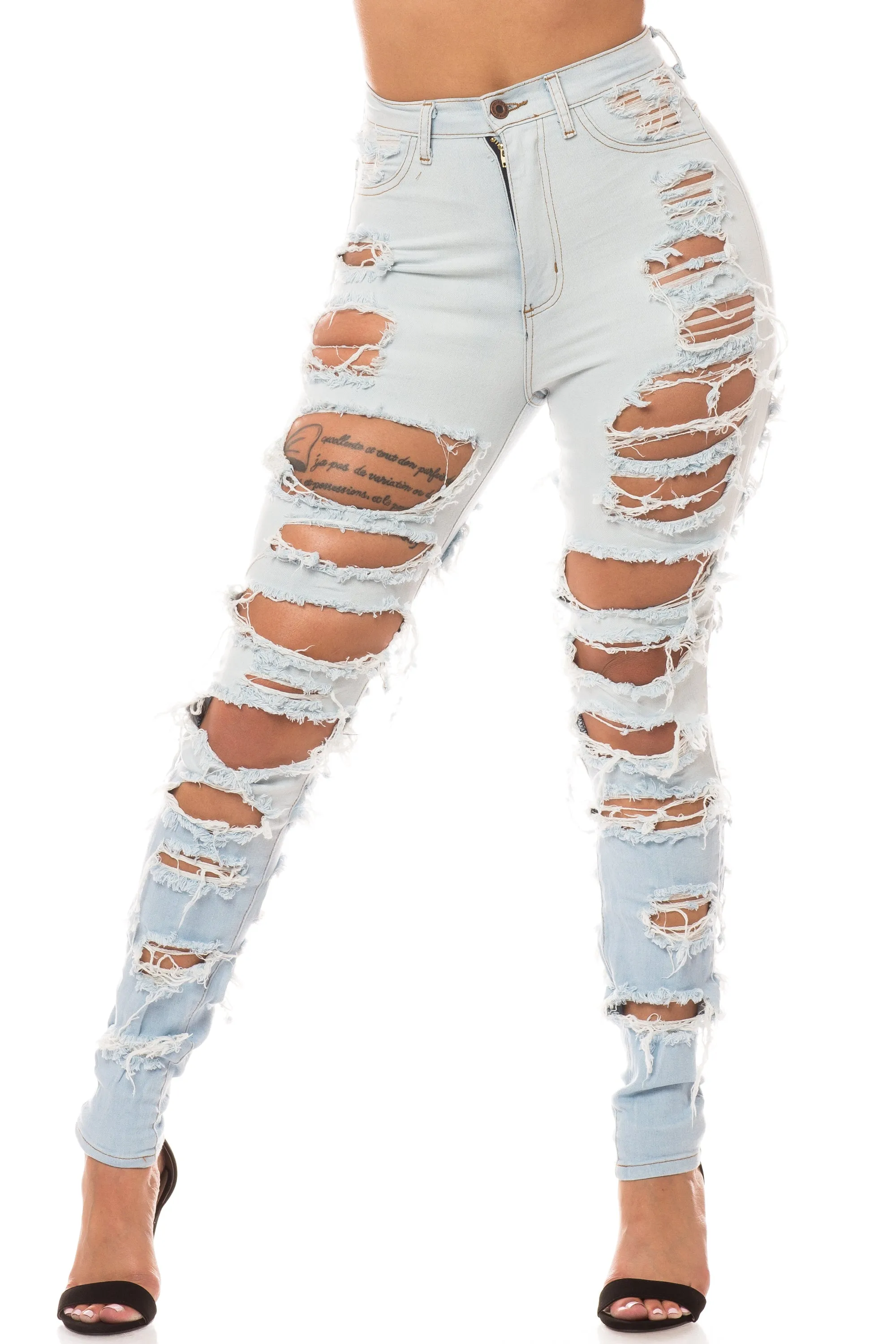 4484 Women's High Waisted Heavy Distressed Skinny Jeans with Cut Outs