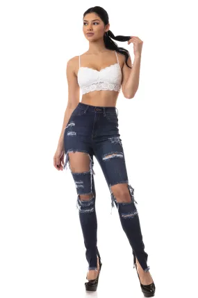 4518 Women's High Waisted Distressed Skinny Jeans with Cut Outs