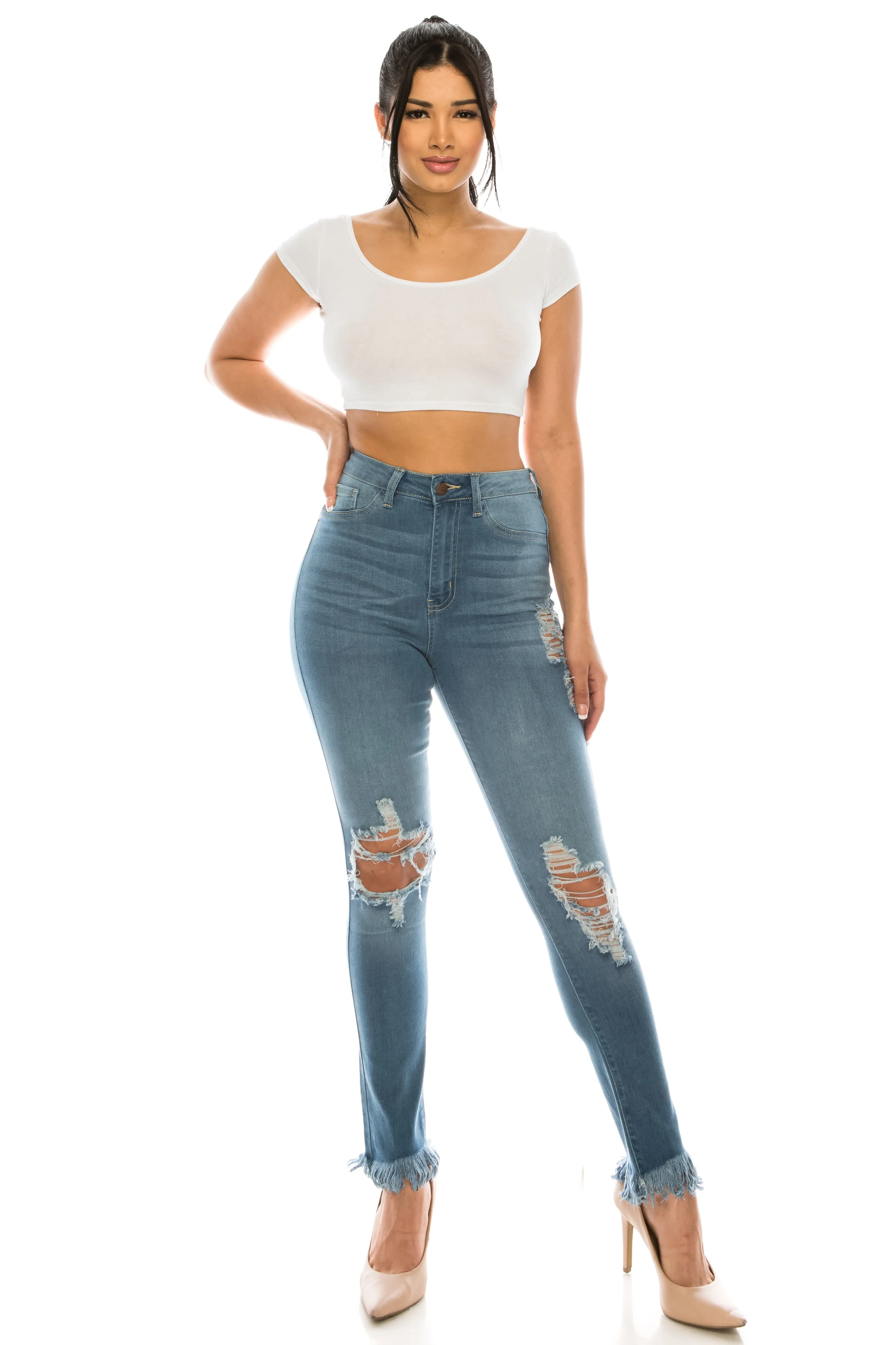 4521 Women's High Waisted Distressed Frayed Skinny Jeans with Whiskers