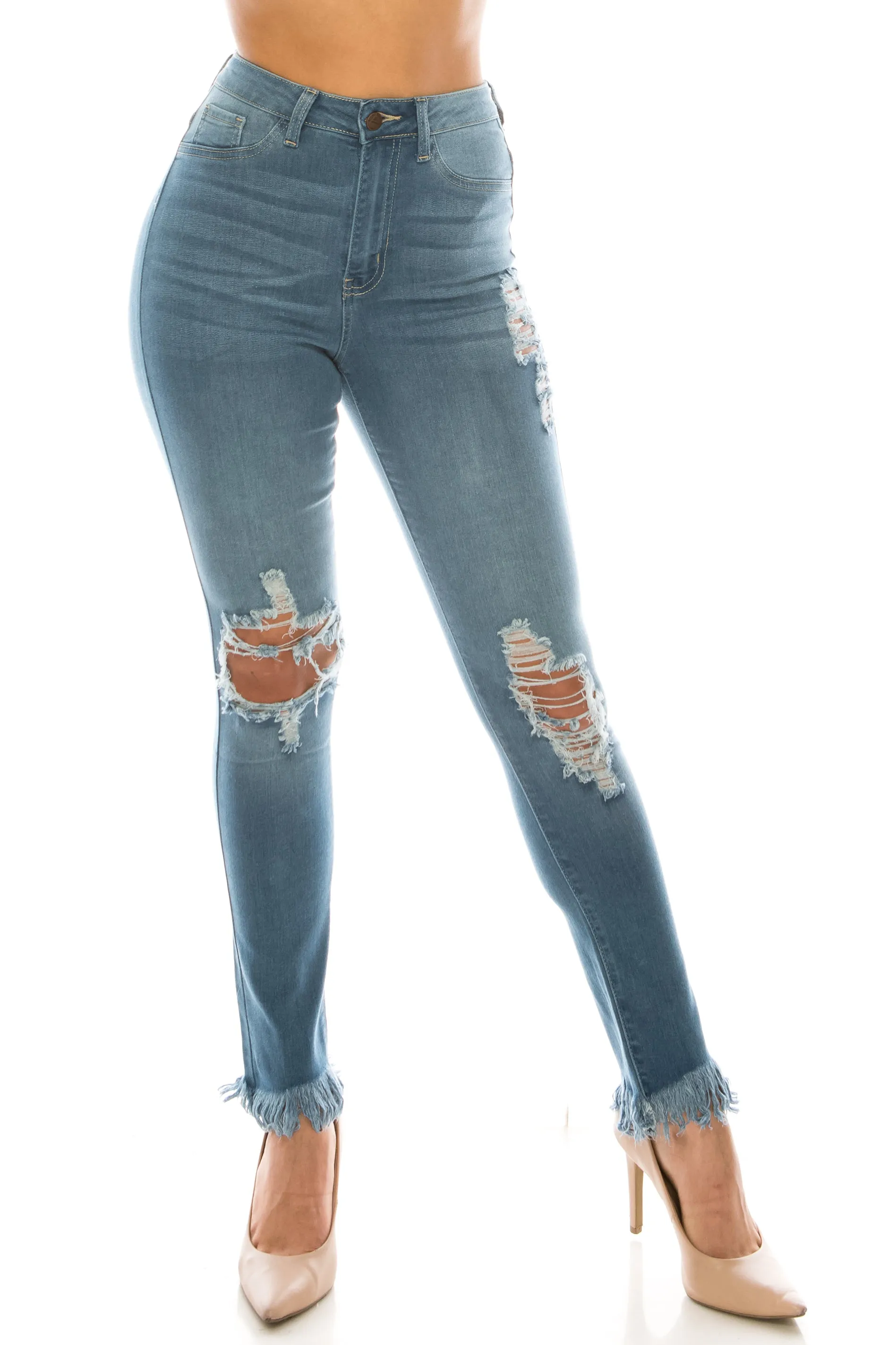 4521 Women's High Waisted Distressed Frayed Skinny Jeans with Whiskers