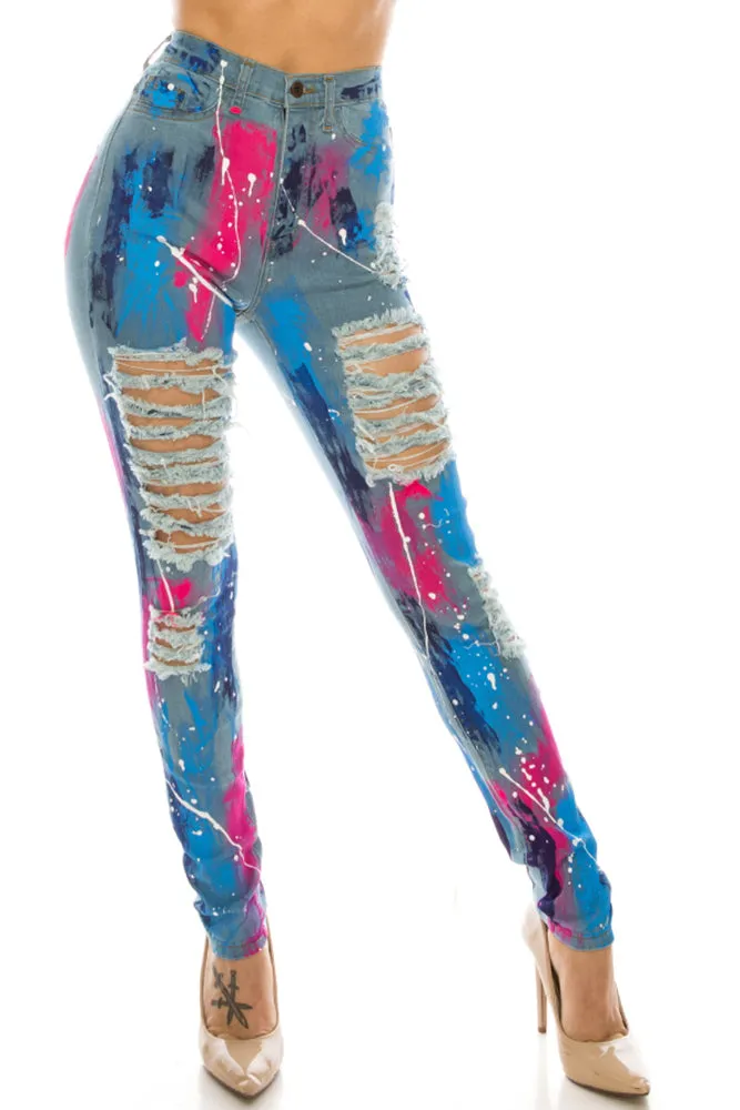 4546 Super High Waisted Distressed Painted Skinny Jeans