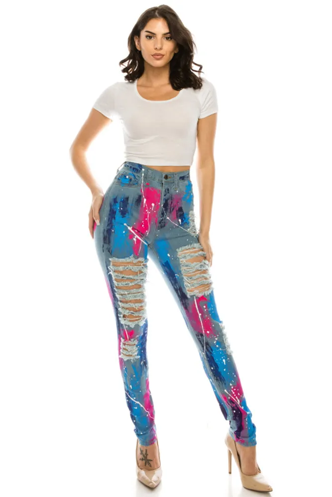 4546 Super High Waisted Distressed Painted Skinny Jeans