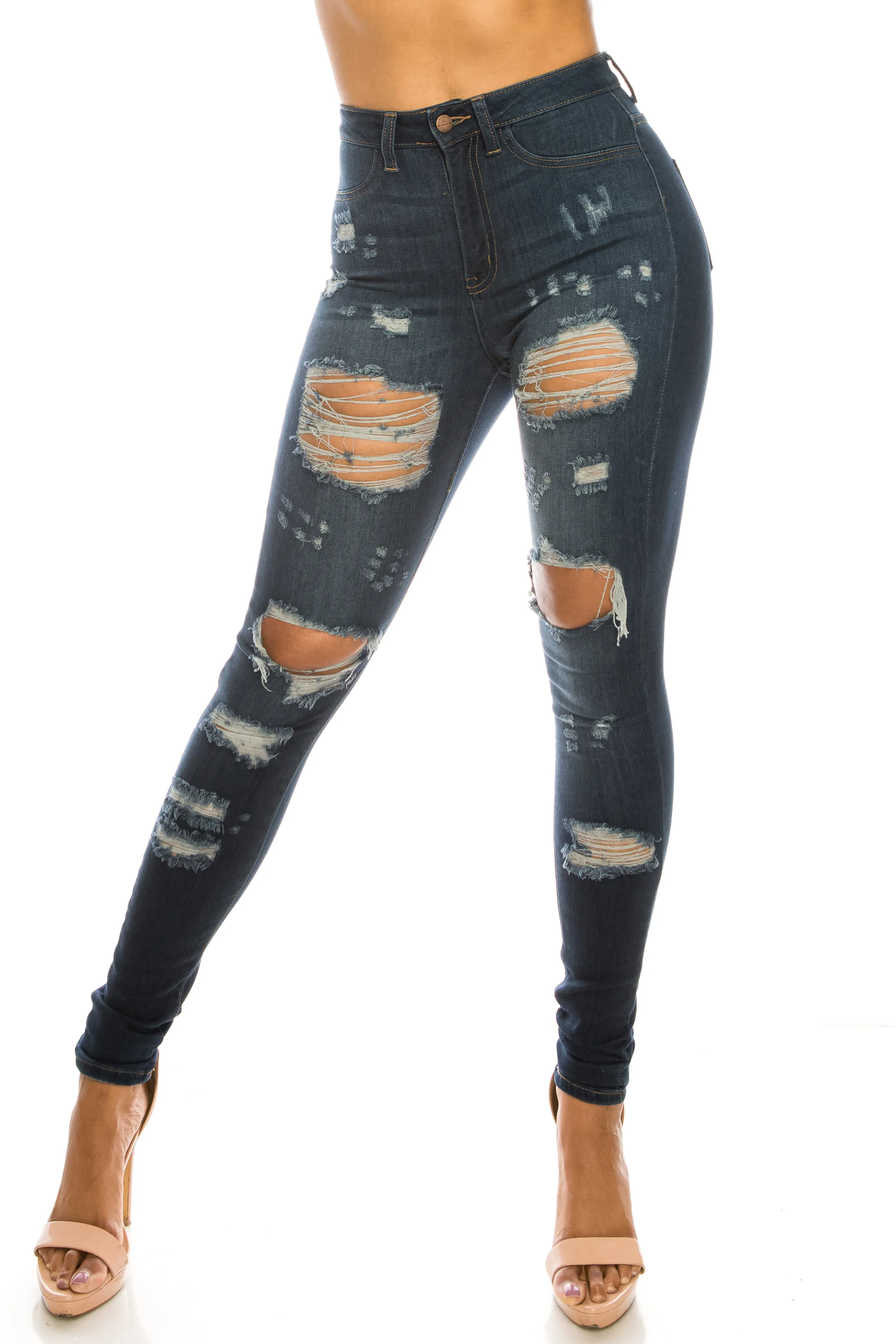 4556 Women's Super High Waisted Distressed Skinny Jeans with Cut Outs