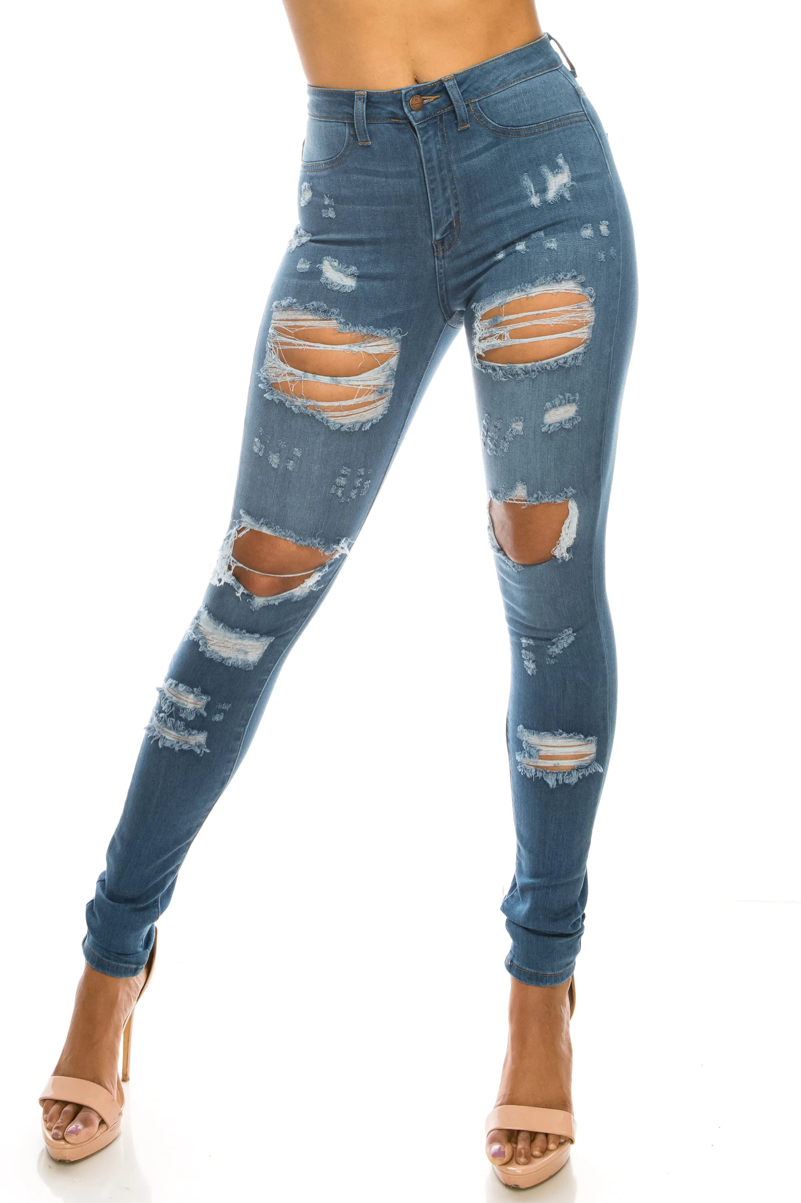 4556 Women's Super High Waisted Distressed Skinny Jeans with Cut Outs